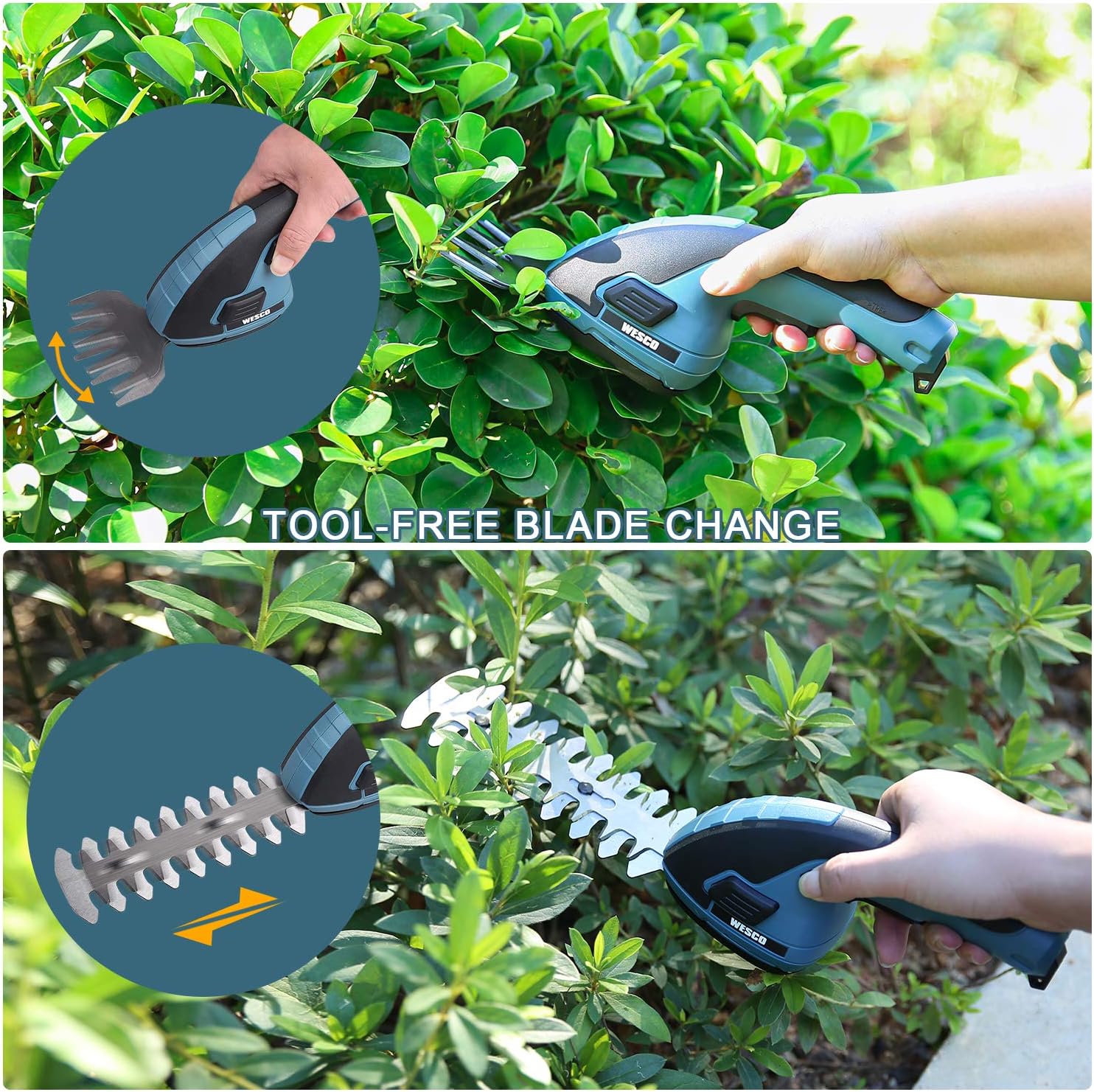 WESCO 7.2V Grass Shears Hedge Trimmer, 2-in-1 Handheld Shrub Trimmer with Rechargeable Lithium-ion Battery and Charger