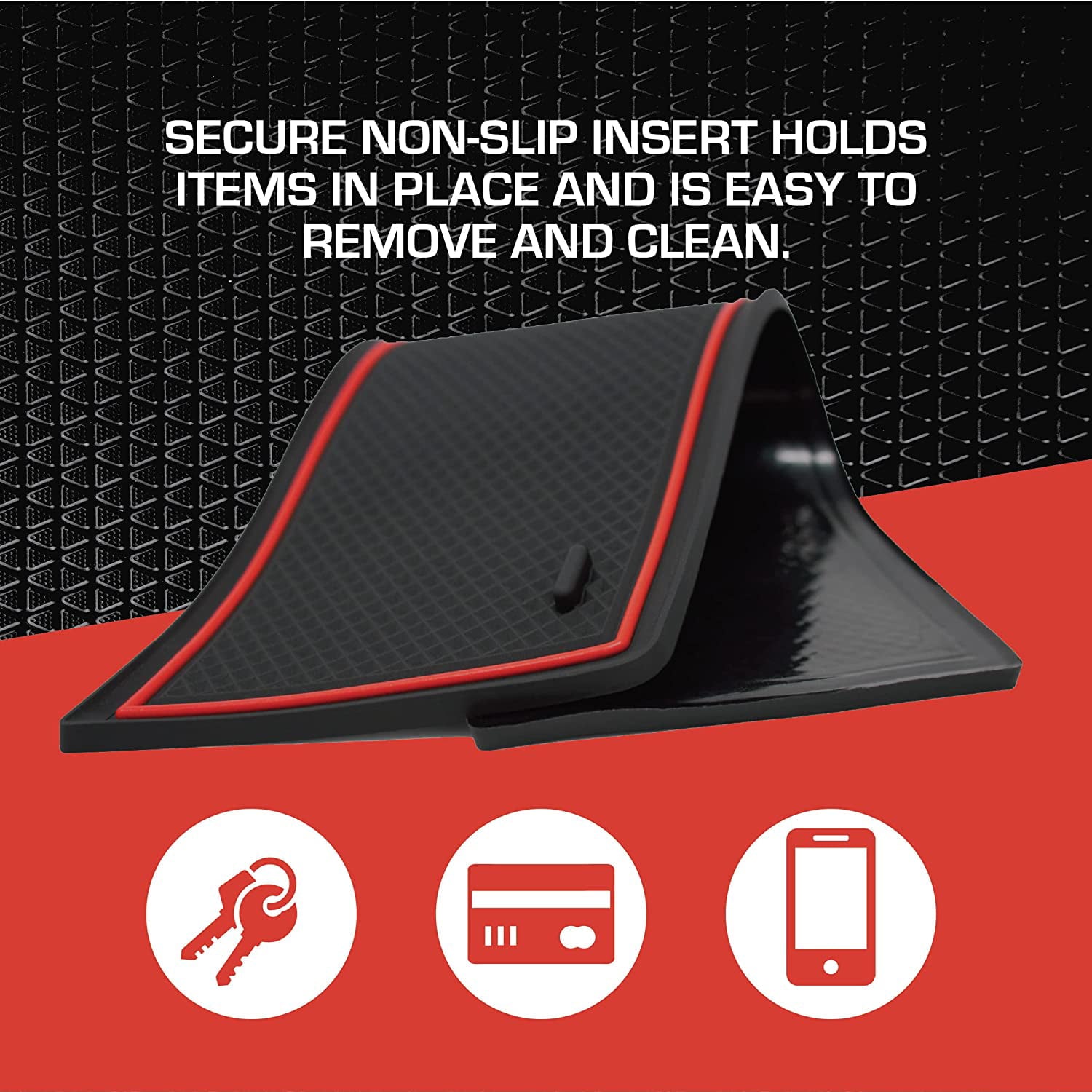 CupHolderHero Universal Multifunction Tray & Removable Liner Mat - Car & Truck Accessories - Non Slip Anti Dust Surface to Enhance Cup Inserts - Fits Most Vehicle Interiors (Red Trim)