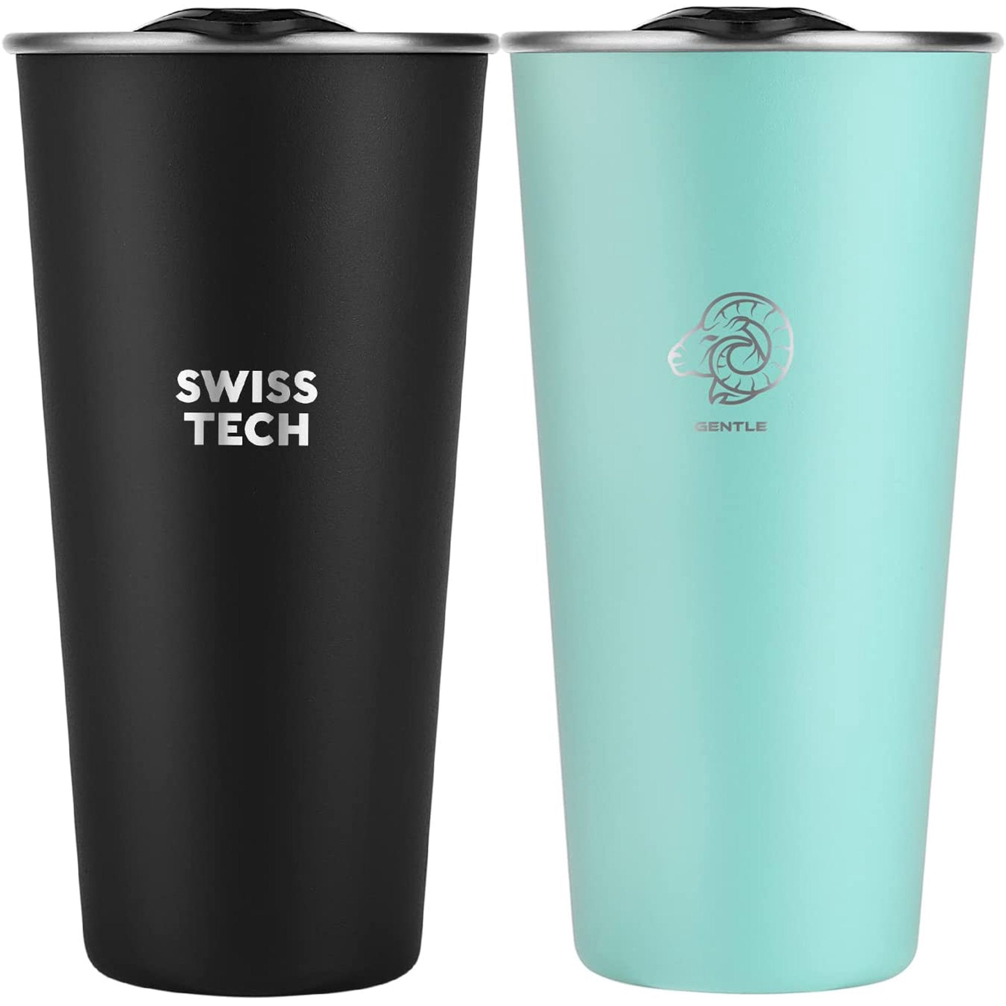 Swiss+Tech 16oz Stainless Steel Cups with lids, 2 Pack Double Wall Pint Cups, Insulated Tumbler with Lid, Unbreakable Durable Cups (Black & Turquoise)