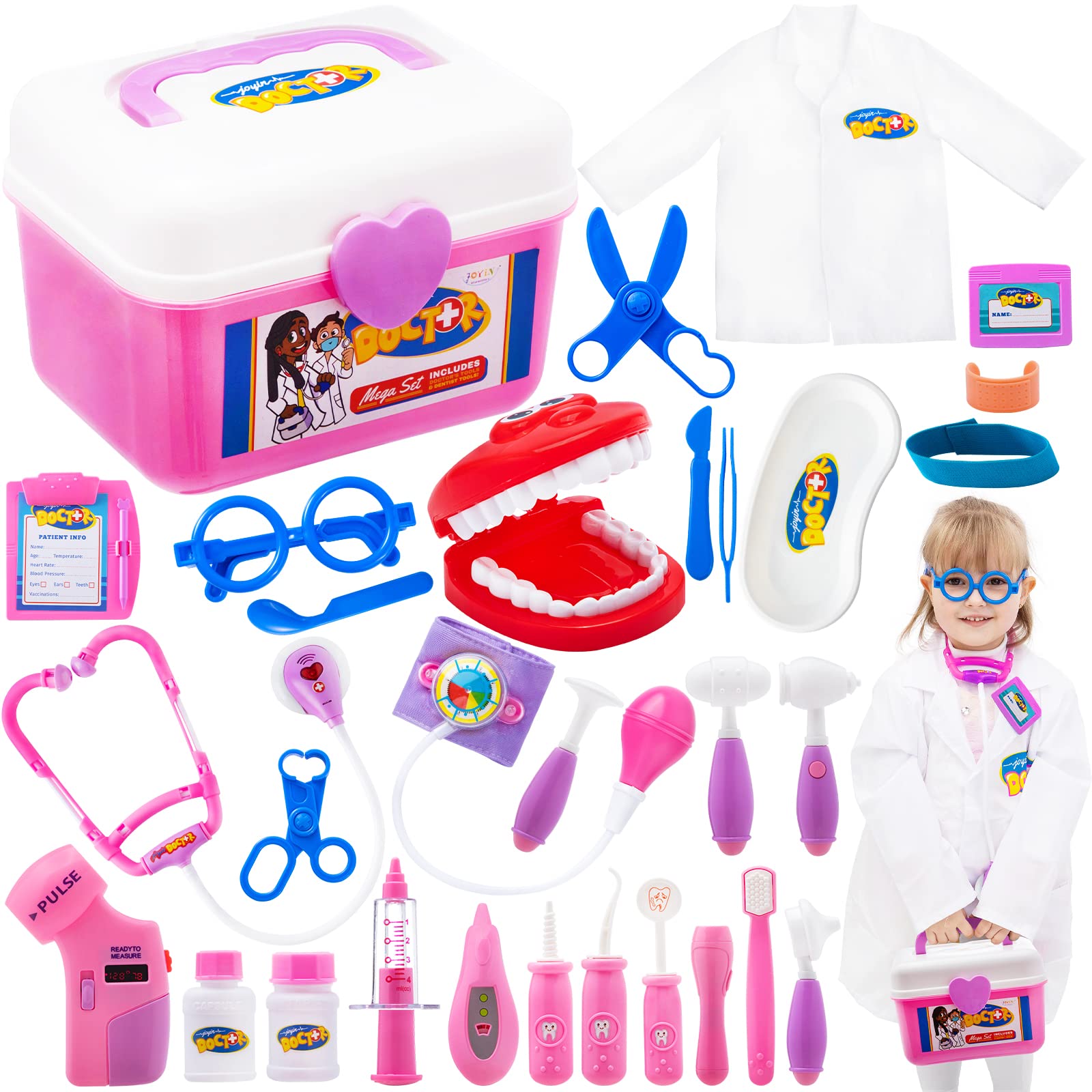 JOYIN 31Pcs Doctor Kit for Kids, Pretend Play Toys,Educational Dentist Medical Kit with Electronic Stethoscope, Doctor Role Play Halloween Costume,PINK