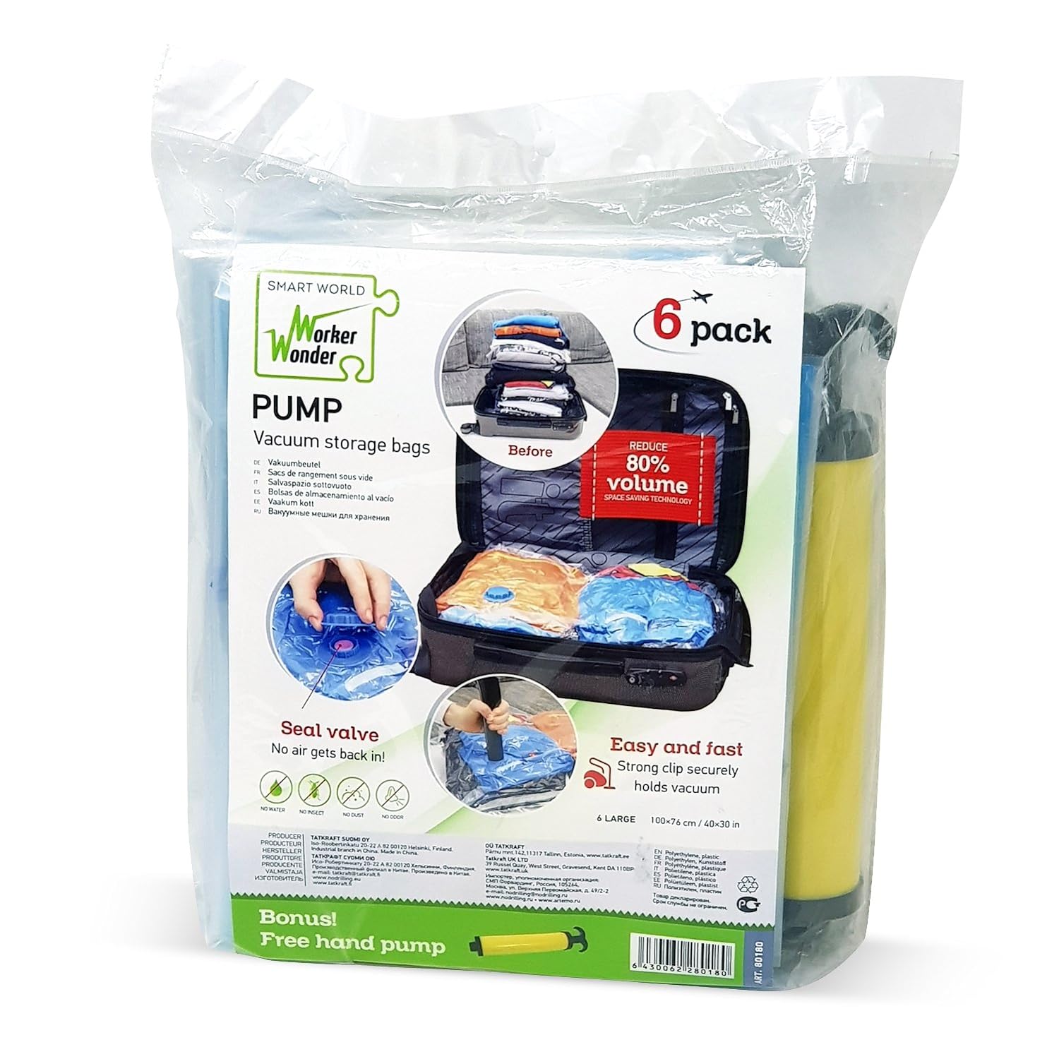 WonderWorker Pump, 6 Jumbo Vacuum Storage Bags, Nearly 80% More Compression Than Other Brands, Storage Bags for bedding, pillow, blankets, clothes etc.