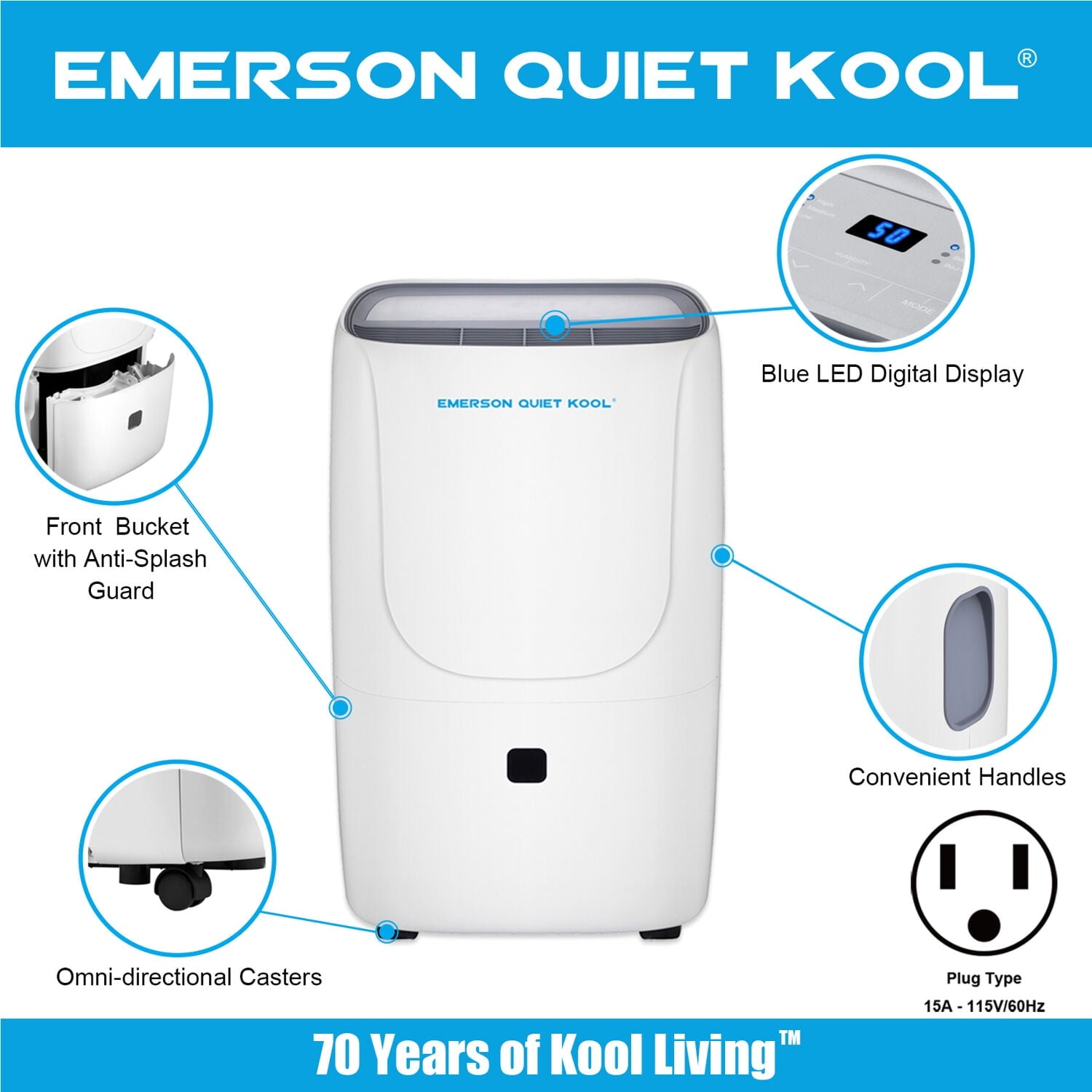 Emerson Quiet Kool 40 Pint Dehumidifier in White with Front-Access Collection Bucket & 24-Hour Timer