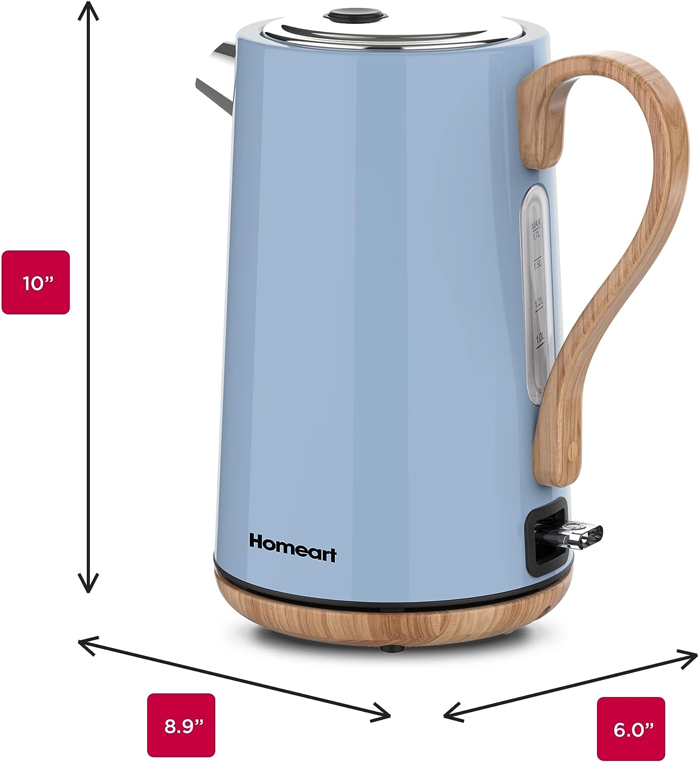 Homeart Panda Cordless Electric Kettle with Wood Detail - Stainless Steel With Removable Filter, Fast Boiling and Auto Shut-off - 1.7L Capacity, Powder Blue