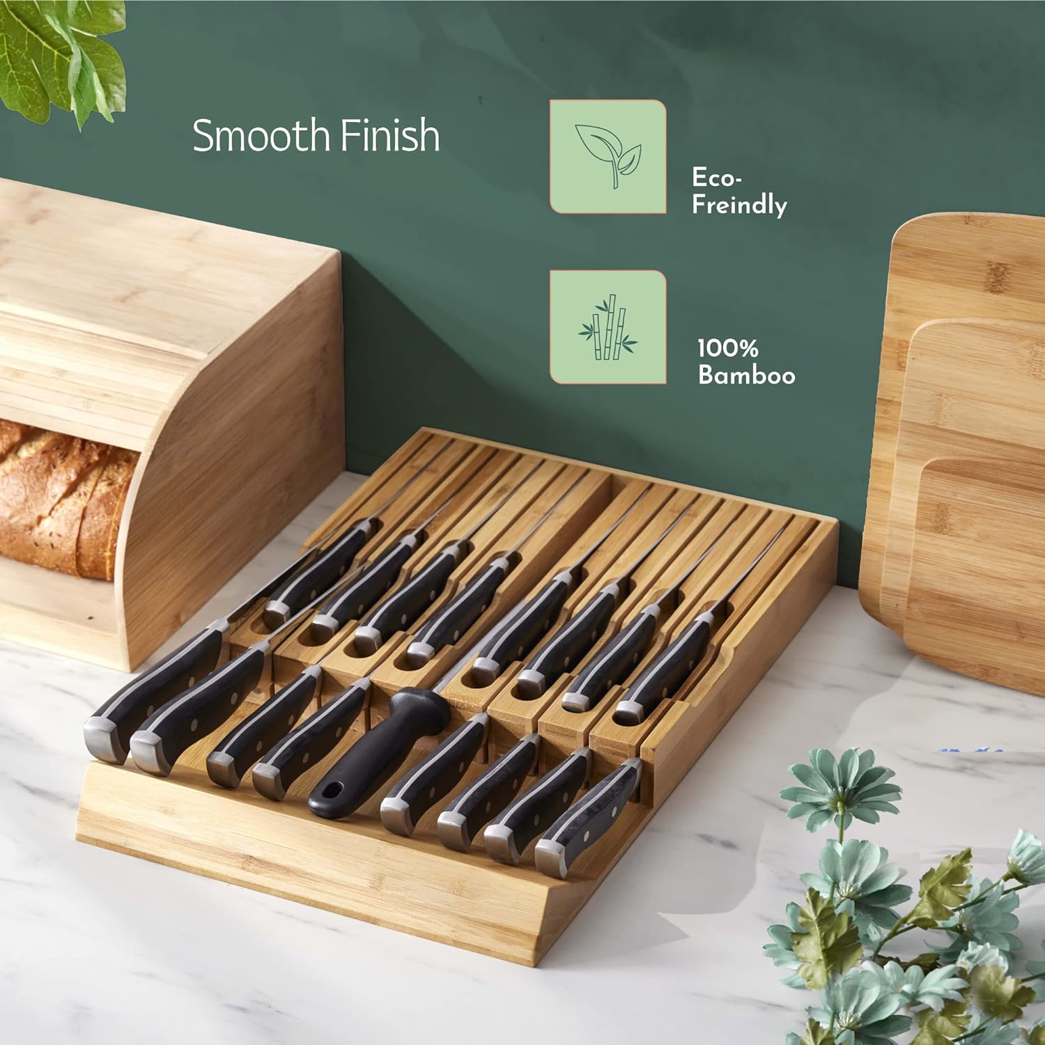 High-Grade 100% Bamboo Knife Drawer Organizer with 16 Knife Slots Plus a Sharpener Slot