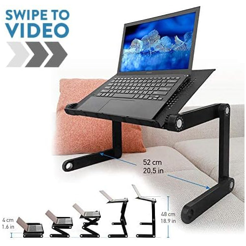 WonderWorker Newton Adjustable Laptop Table Bed Tray Cooling Pad, Lightweight Aluminum, Portable Folding Laptop Stand, Black Standard