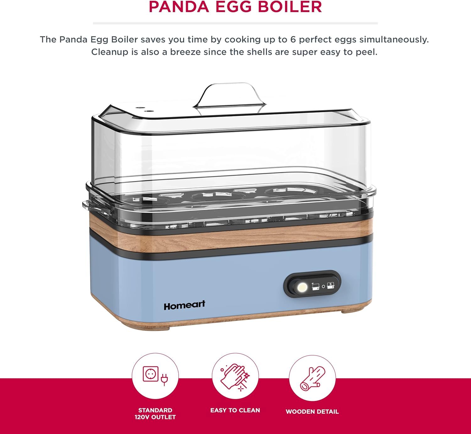 Homeart Panda Egg Boiler with Wooden Detail- Rapid Electric Hard Boiled Egg Cooker with Auto Shut-Off, Alarm and Egg Piercer, 6 Egg Capacity, Powder Blue, 400W