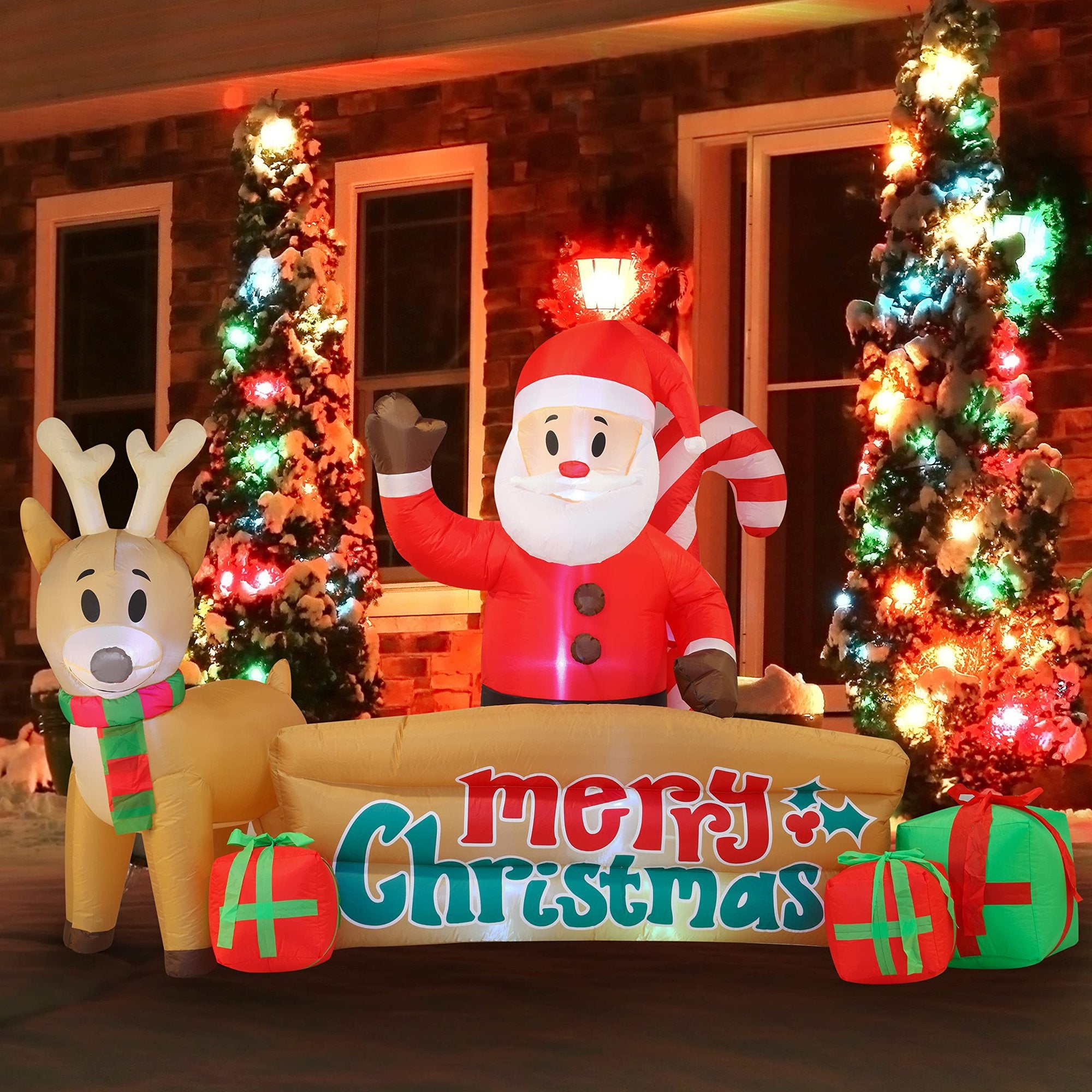 10 FT Long Christmas Inflatable Santa & Reindeer with Merry Christmas Sign, Christmas Inflatable Outdoor Decoration With Build-in LEDs for Xmas Party Indoor, Outdoor, Yard, Garden, Lawn Dcor