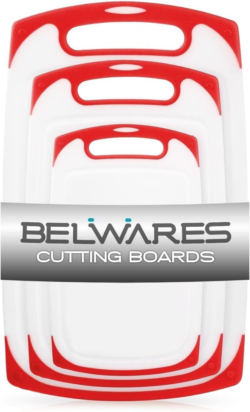 Belwares Plastic Cutting Boards Set of 3, with Non-Slip Feet & Deep Drip Juice Groove, Red