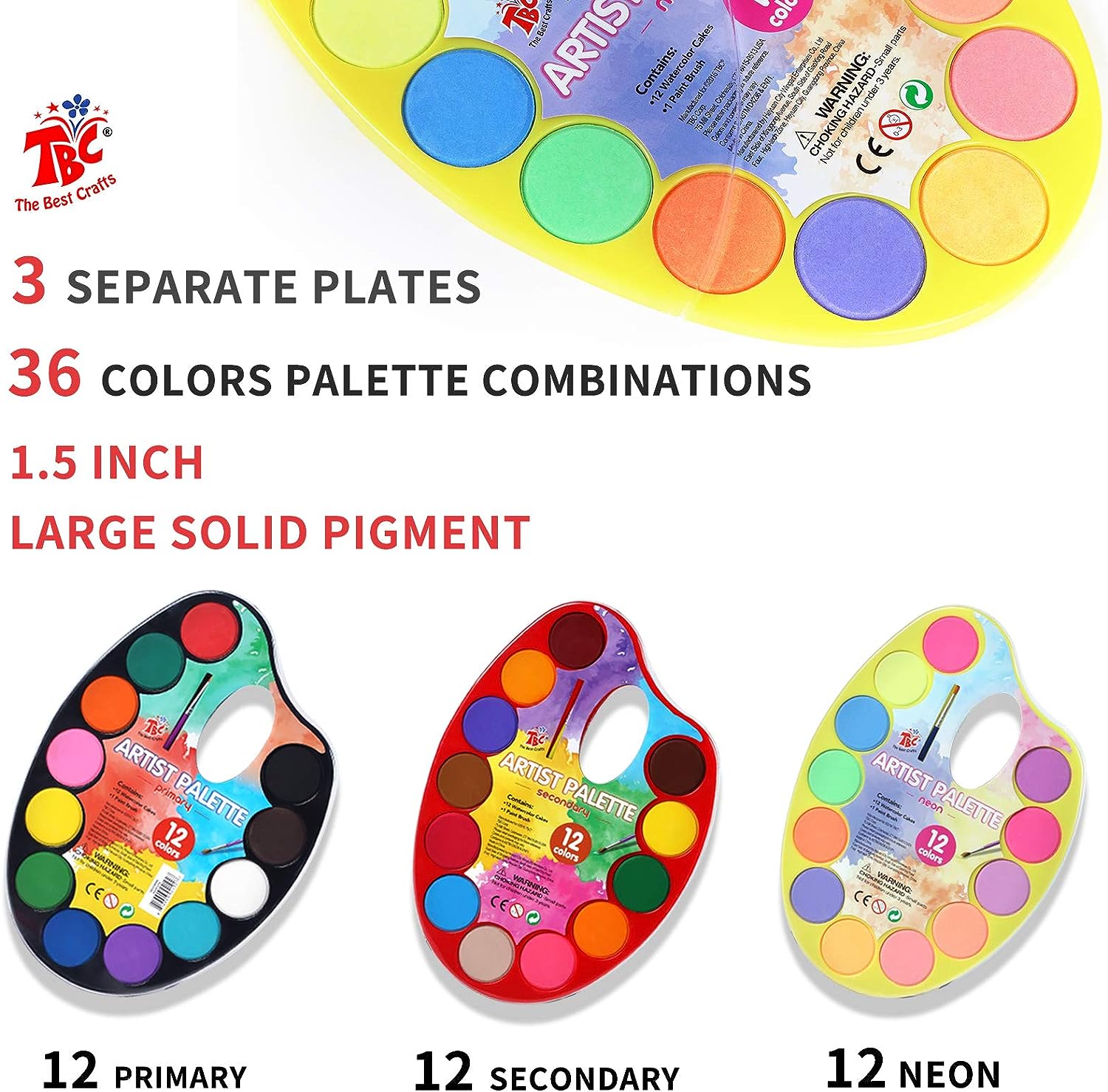 TBC The Best Crafts Watercolor Paint Set 36 Vibrant Water Colors on 3 Individual Paint Pallets-Non Toxic Washable Kids Paint Set