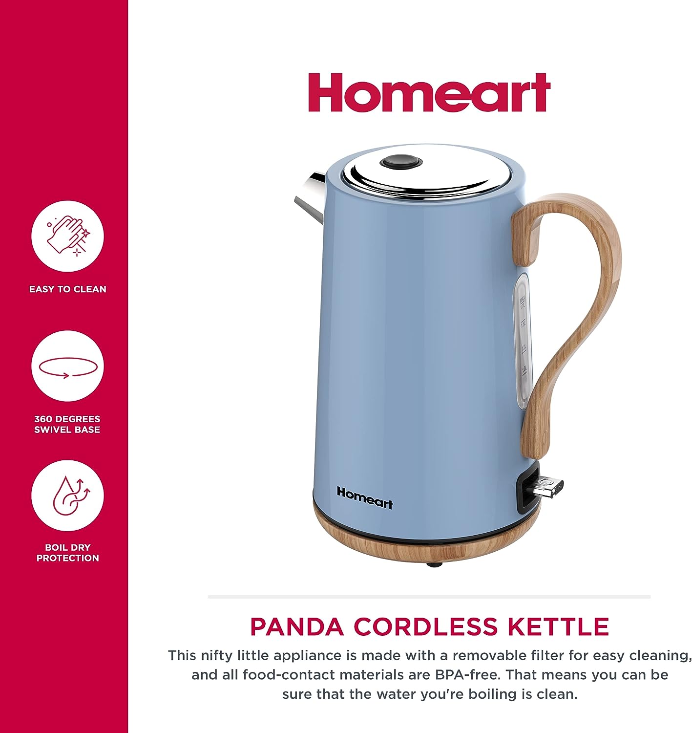 Homeart Panda Cordless Electric Kettle with Wood Detail - Stainless Steel With Removable Filter, Fast Boiling and Auto Shut-off - 1.7L Capacity, Powder Blue