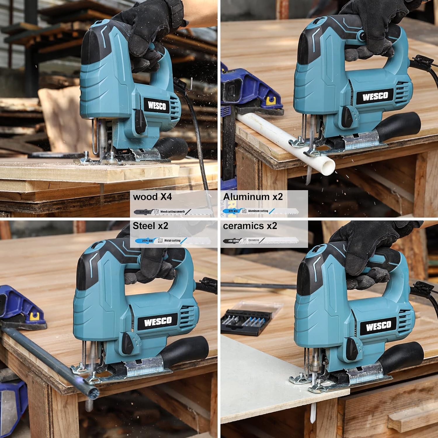 WESCO 4.5Amp Electric Jig Saw Tool with 6 Variable Speeds, 4 Orbital Sets, 45 Bevel Cutting, Max Cutting Depth 2-1/2inch, 0-3000SPM, with 10PCS Blades for Metal PVC Ceramic Wood Cutting