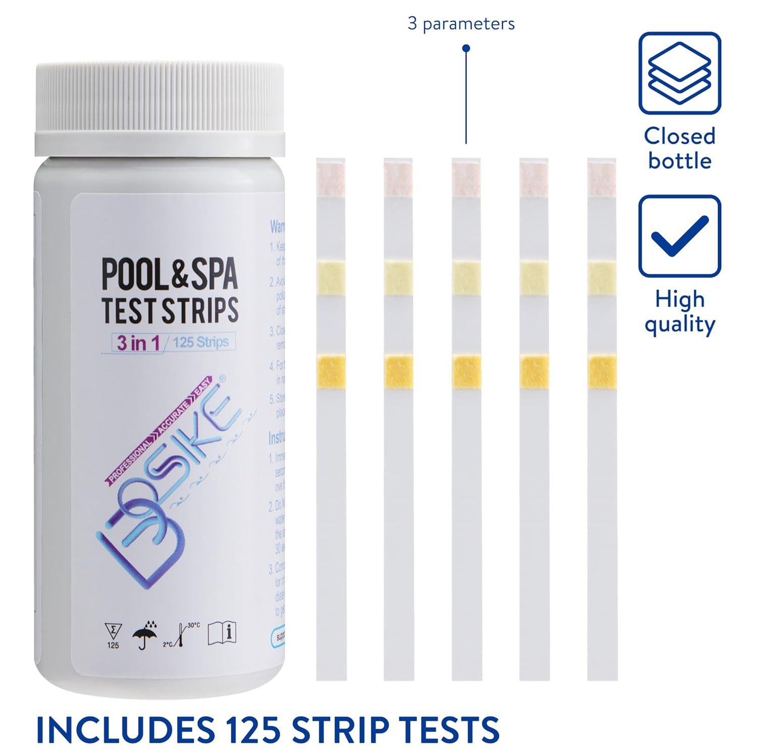 BOSIKE 3 in 1 Hot Tub Test Strips - 125 ct - Water Testing Kit for Swimming Pool & Spa - Tester for Alkalinity, Free Chlorine Bromine & pH Pool Test Strips 3 in 1