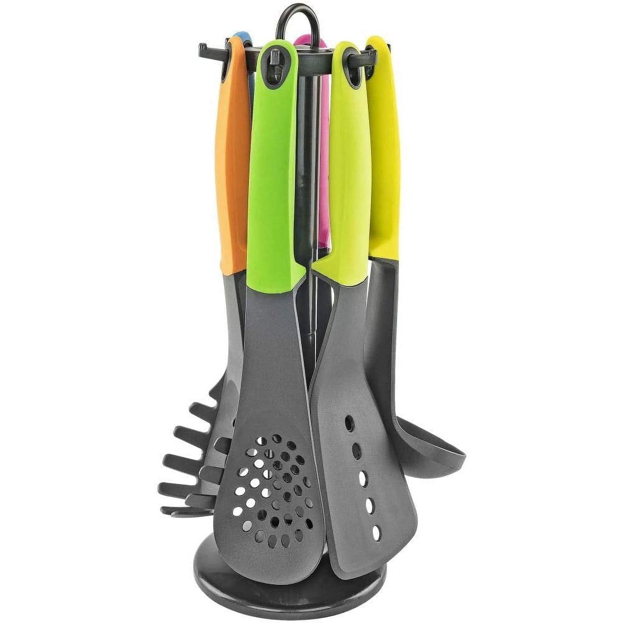 Set of 7 Kitchen Utensils w/Holder, Silicone Handles - Includes Ladle, Spatula, Spoon, Spaghetti Server, and More