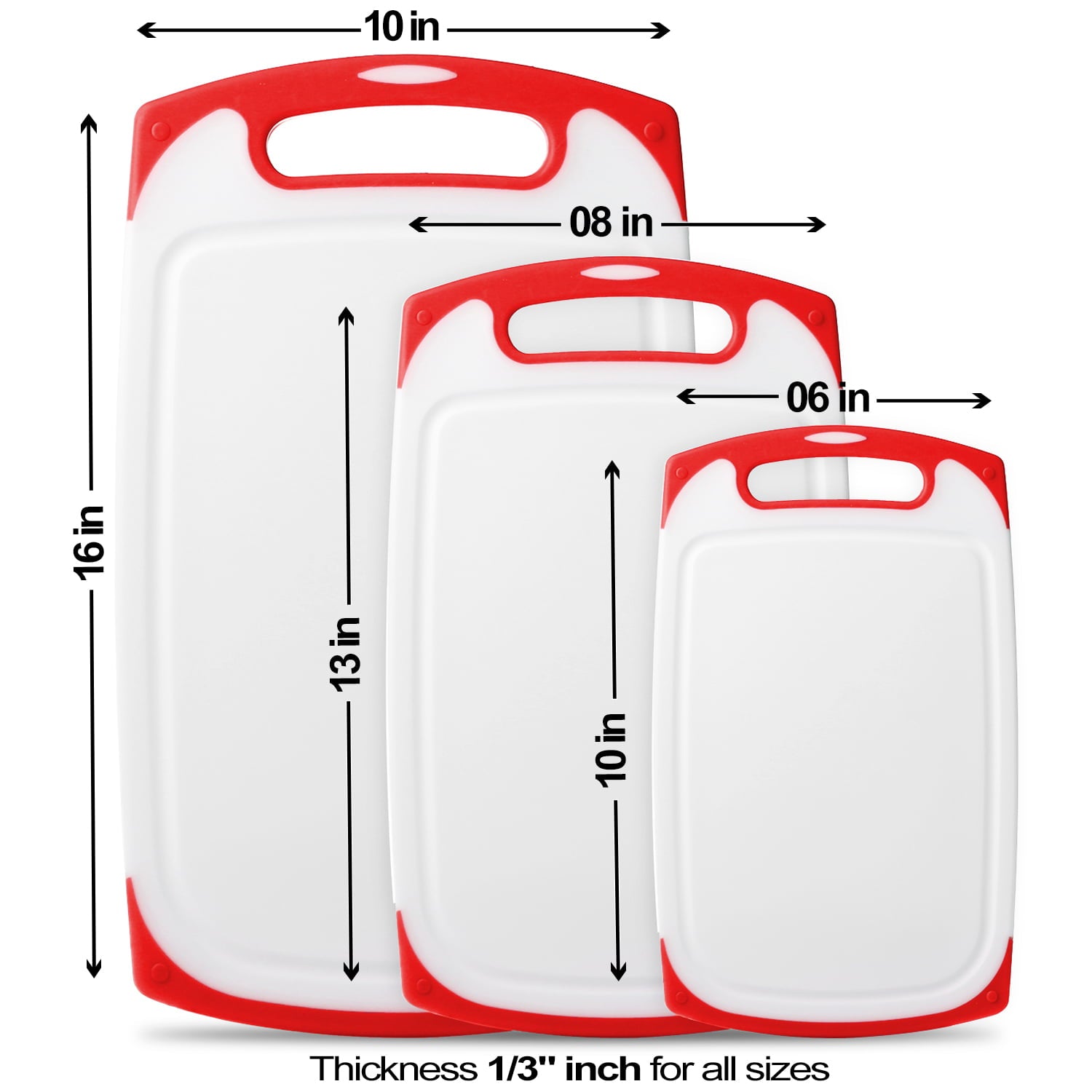 Belwares Plastic Cutting Boards Set of 3, with Non-Slip Feet & Deep Drip Juice Groove, Red