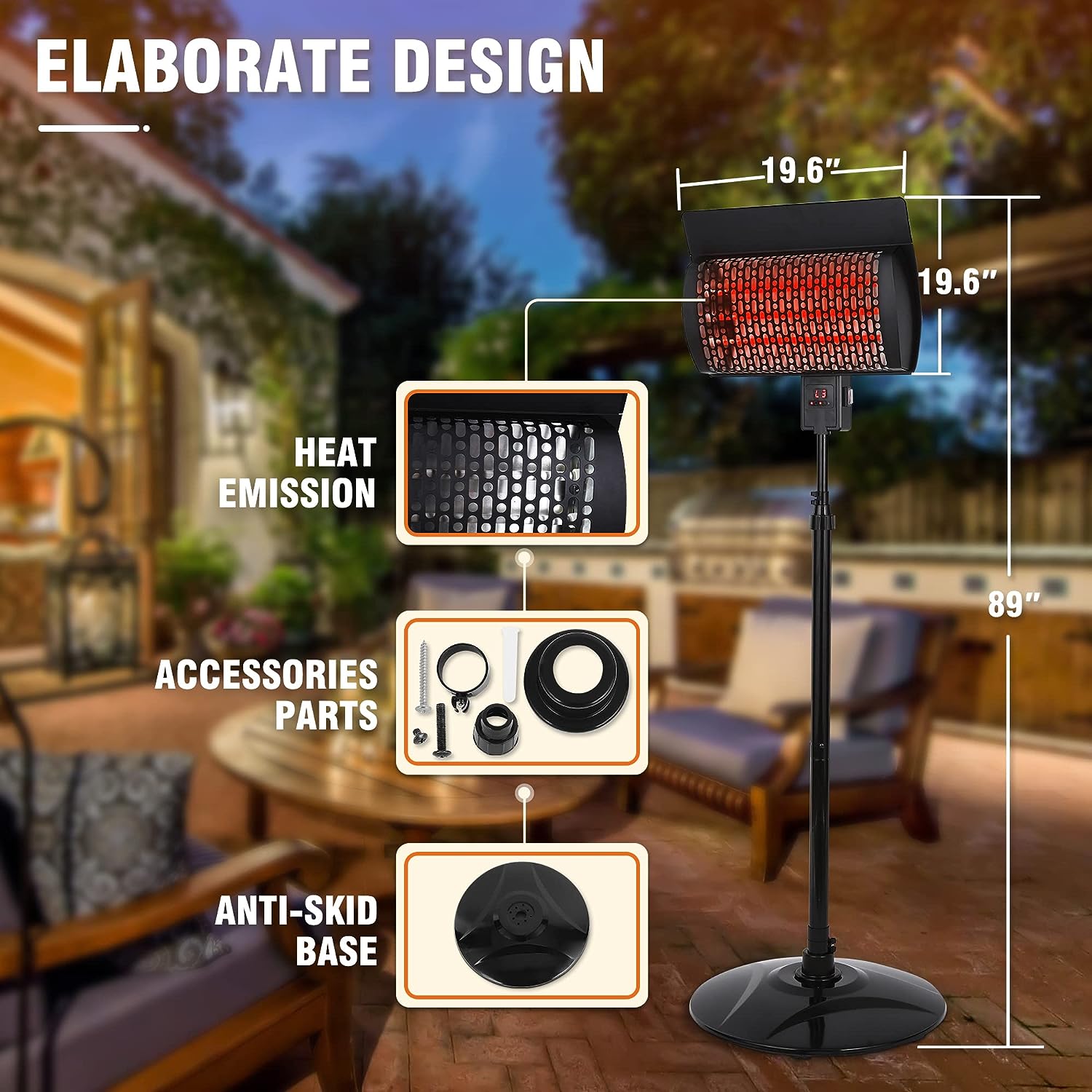 Sunday Living Outdoor Patio Heater, Electric Outdoor Heater, 1500W Outdoor Space Heater with Digital Panel,12H timer, Adjustable Height Electric Patio Heater
