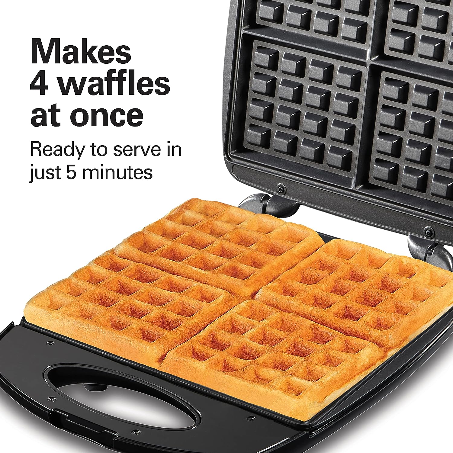 Classic Waffle Iron, 4 Square Belgian Waffle Maker, Non-Stick with Indicator Lights, Compact Design for Easy Storage, Black