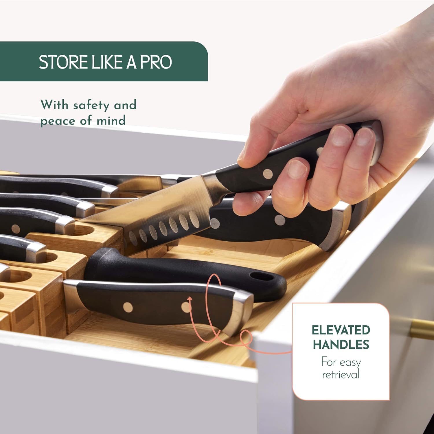 High-Grade 100% Bamboo Knife Drawer Organizer - 16 Knife Slots Plus a Sharpener Slot, 5 Pack