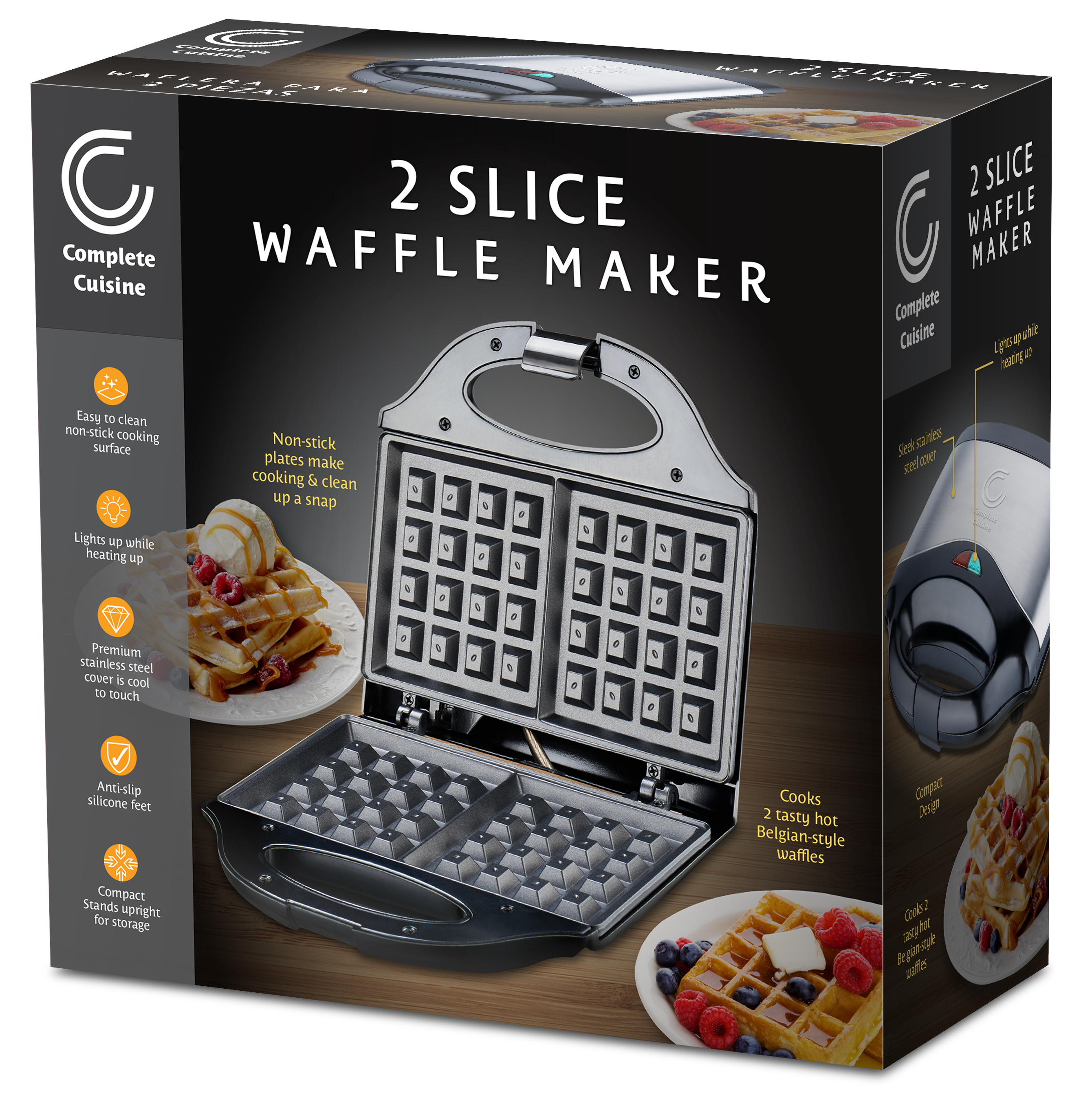 Complete Cuisine Belgian Style 2 Slice Waffle Maker, Non-Stick Plates