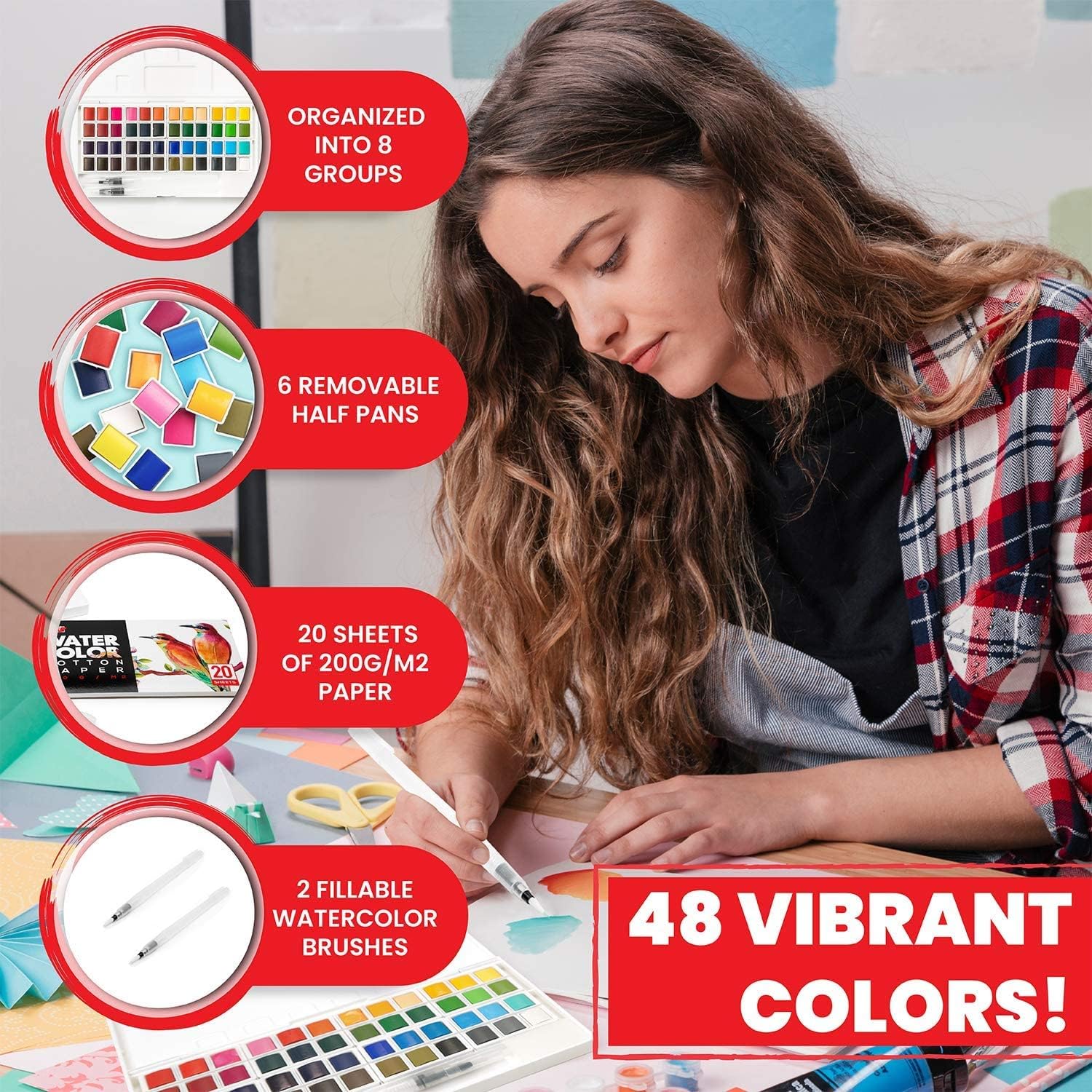 Paint Mark Forty-Eight Watercolor Paint Kit With 2 Blending Brush Pens & Twenty Sheets Water Color Paper, 2 Pack