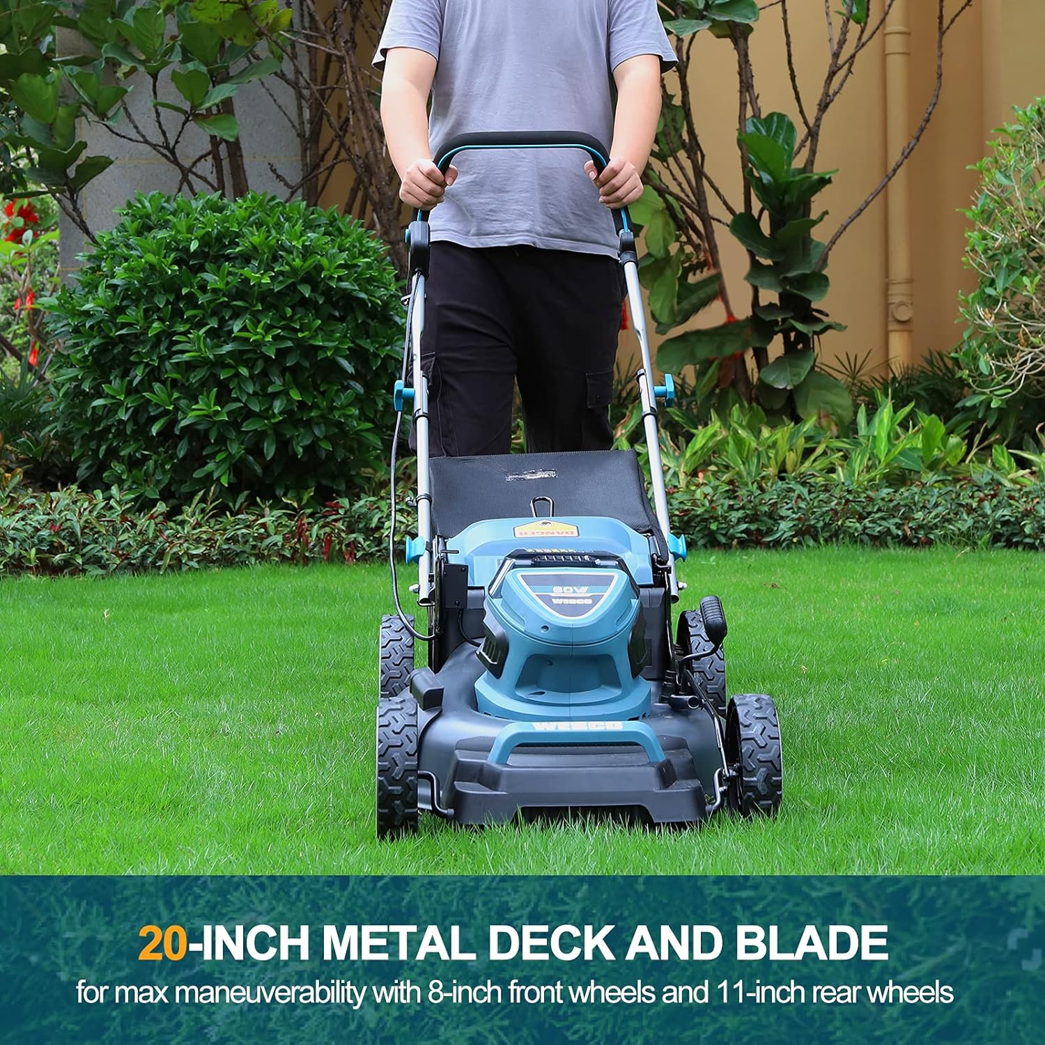 Cordless Lawn Mower, WESCO 60V Brushless Push Lawn Mower, 20-Inch3-in-1, 5.0Ah Battery and Charger Included, 7 Mowing Heights, 13.7 Gallon Grass Bag/WS8704U