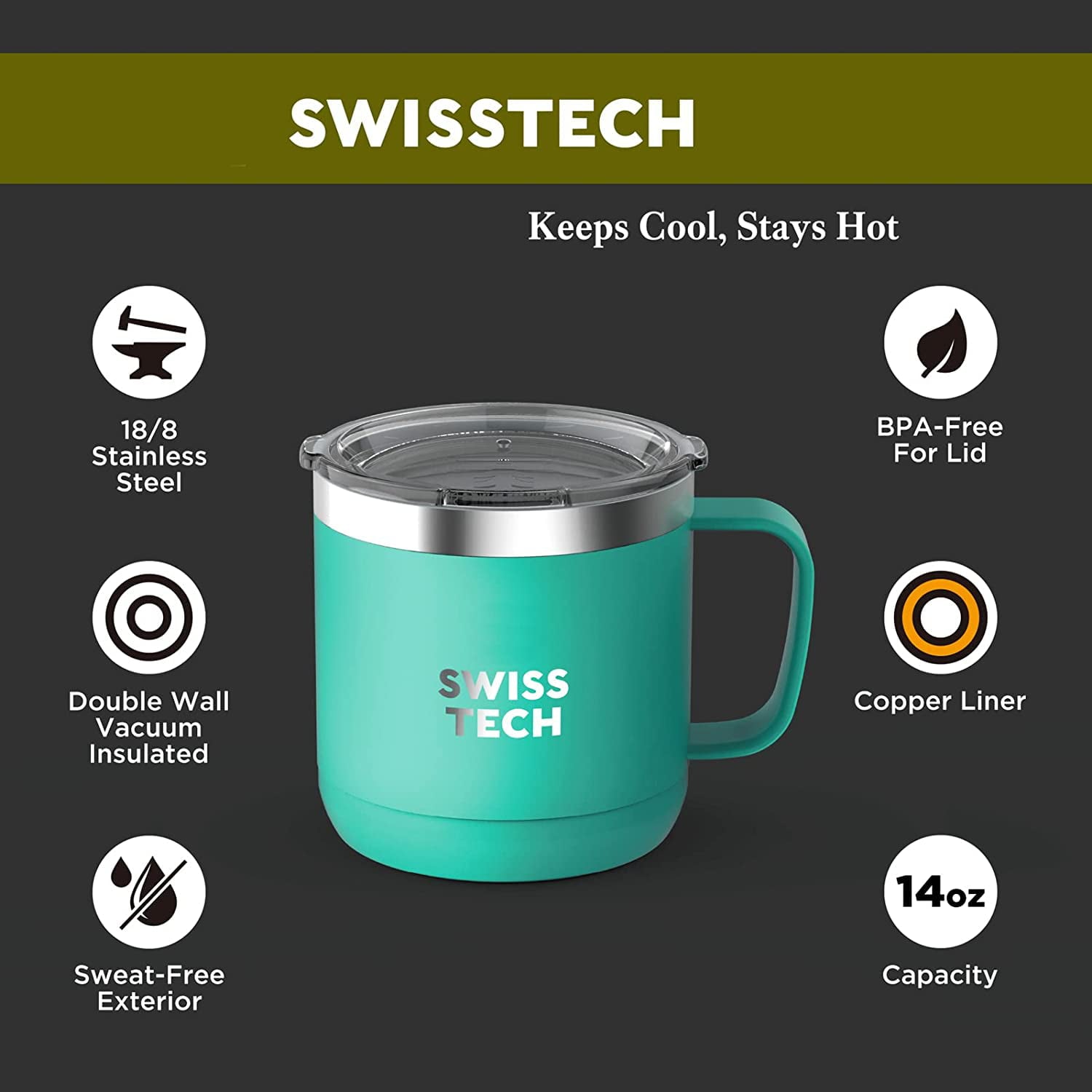SWISS+TECH 14 oz Coffee Mug, Vacuum Insulated Mug Cup with Lid, Double Wall Stainless Steel Travel Tumbler Cup, Green