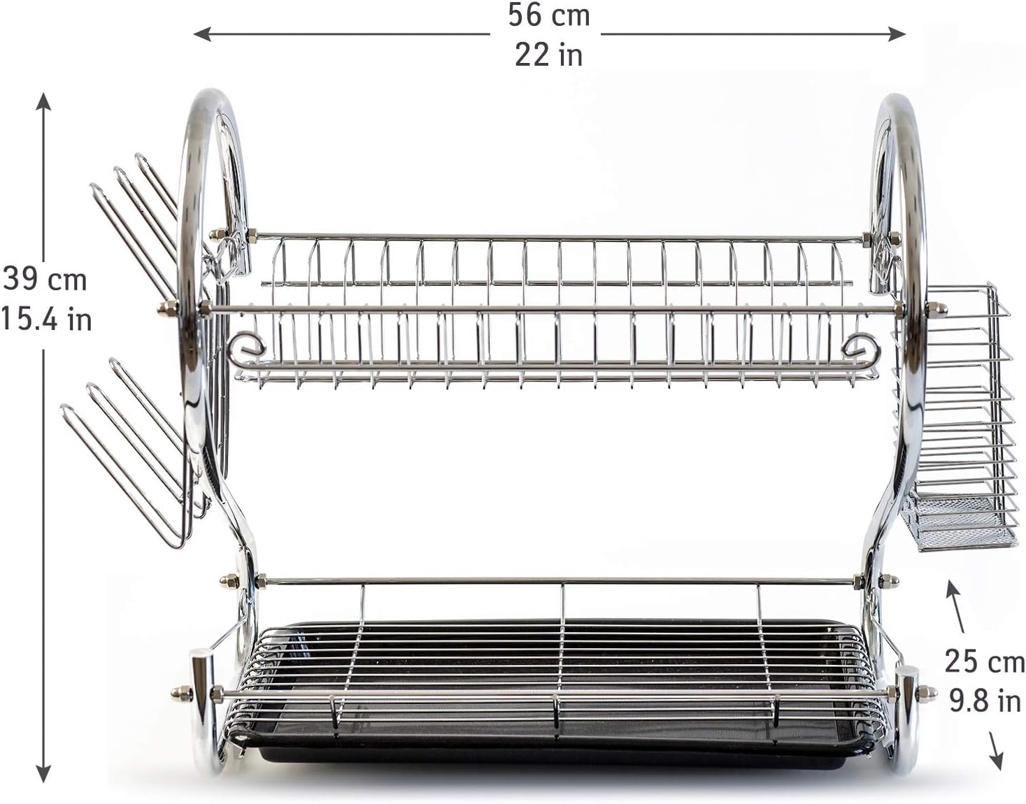 Tatkraft Helga 2-Tier Dish Drying Rack, Drainer with Drainboard for Kitchen Counter, Mug and Utensil Holder, Chrome-Plated, Easy Assembly