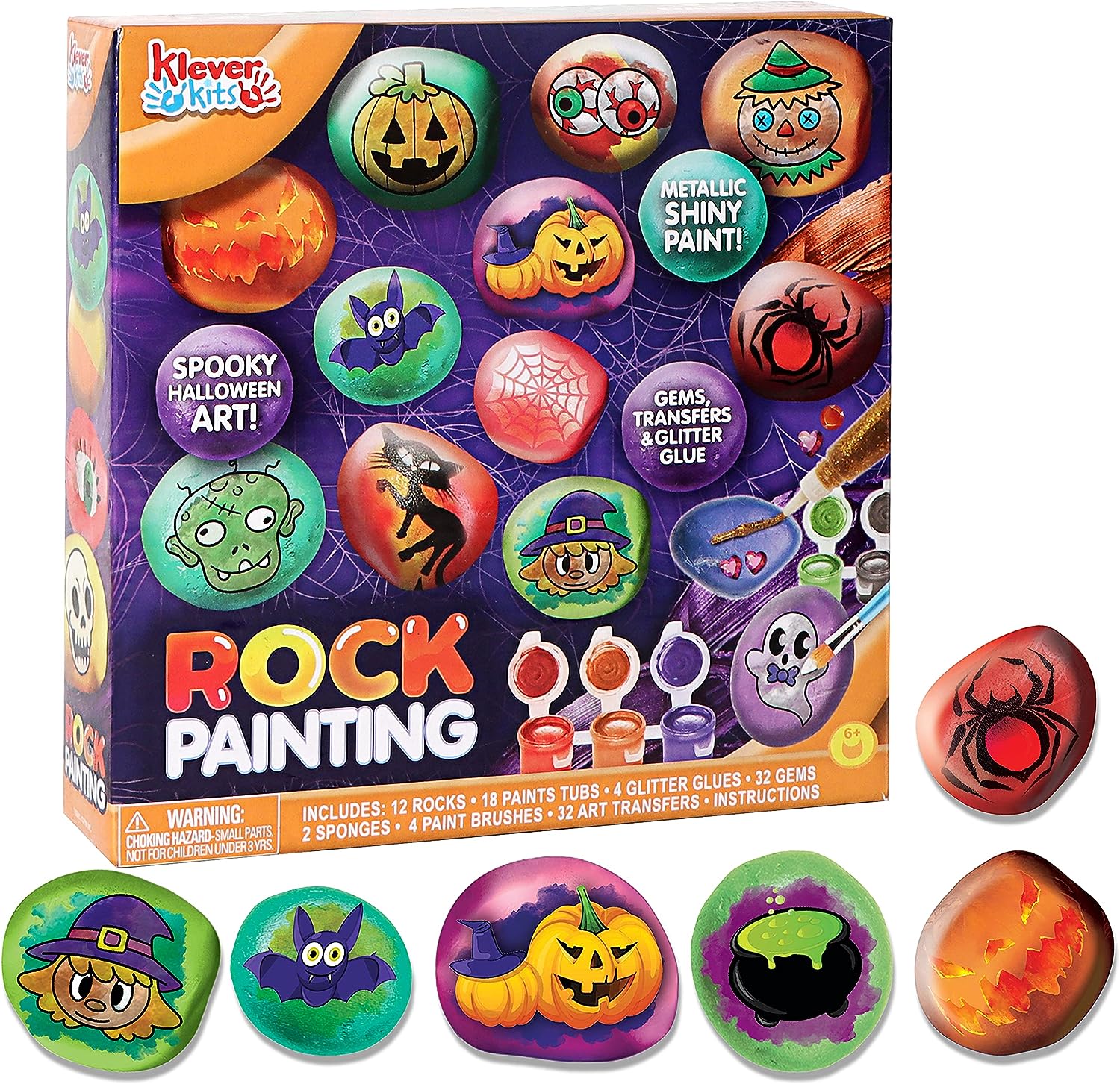Joyin Klever Kits Halloween Rock Painting Kit for Kids, Creativity Arts Crafts DIY Supplies Kit with 18 Paint Tubs and 12 Rocks
