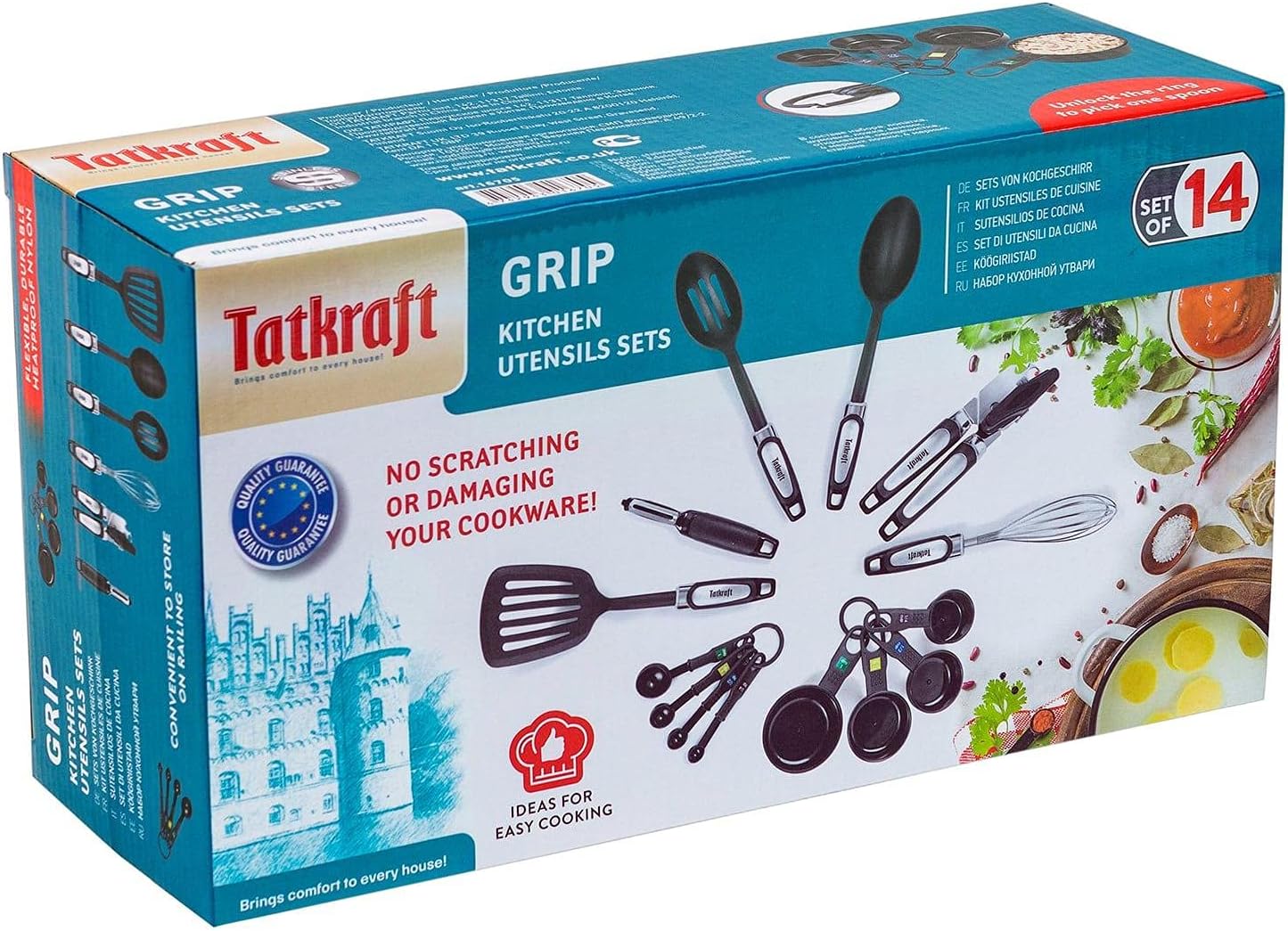 Tatkraft Grip 14-Piece Cooking Utensils, Stainless Steel and Nylon Kitchen Utensil Set Includes Cooking Spoon, Slotted Spoon, Whisk, Slotted Turner, Peeler, Can Opener, Measuring Cups and Spoons Set