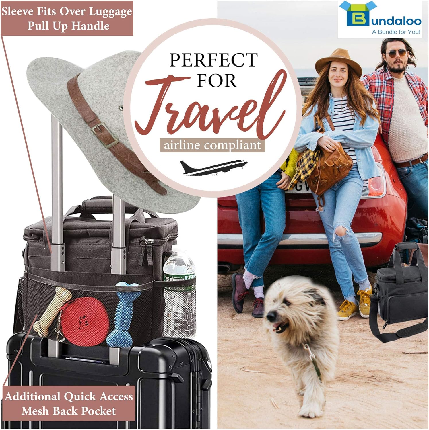 Bundaloo Dog Travel Bag Accessories Supplies Organizer 5-Piece Set with Shoulder Strap | 2 Lined Pet Food Containers, 2 Collapsible Feeding Bowls. Everyday Dogs Essentials