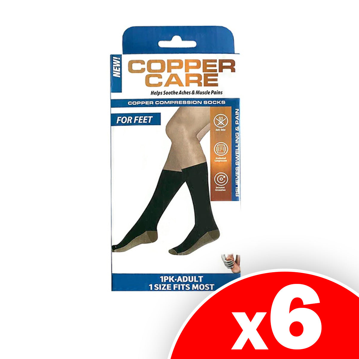 Copper Care Black Compression Socks Adults One Size, 6 Pairs