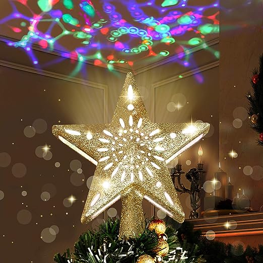 Lighted Star Christmas Tree Topper with Rotating LED Projector, 2 Pack