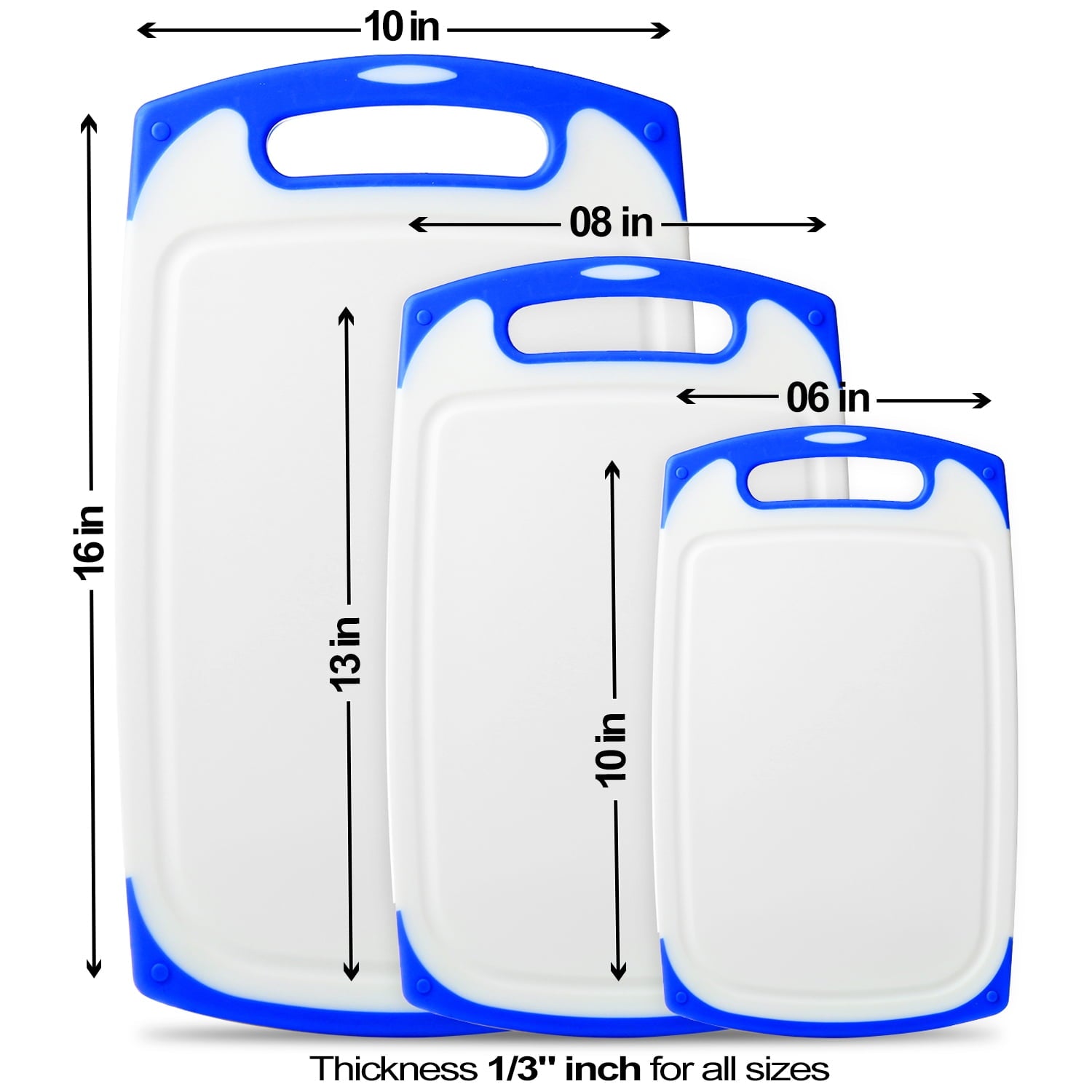 Belwares Plastic Cutting Boards Set of 3, with Non-Slip Feet and Deep Drip Juice Groove, Blue