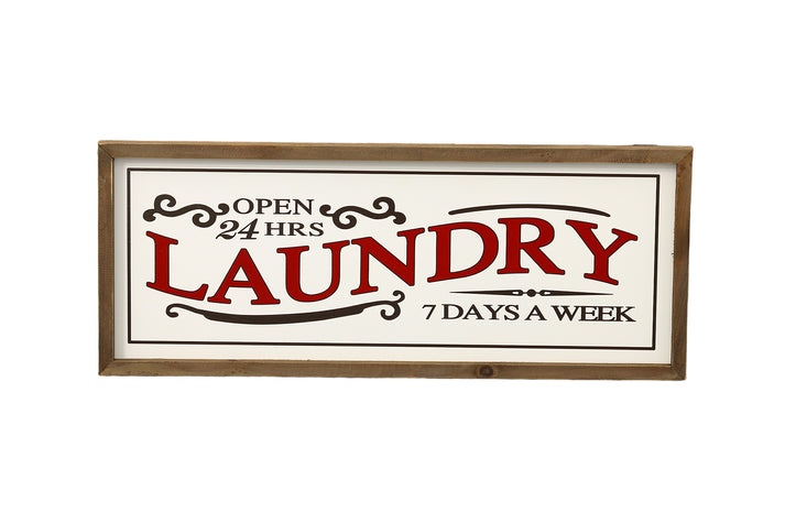 Wood Rectangle Wall Art with "Laundry 7 Days a Week" Writing in Red Painted Finish White