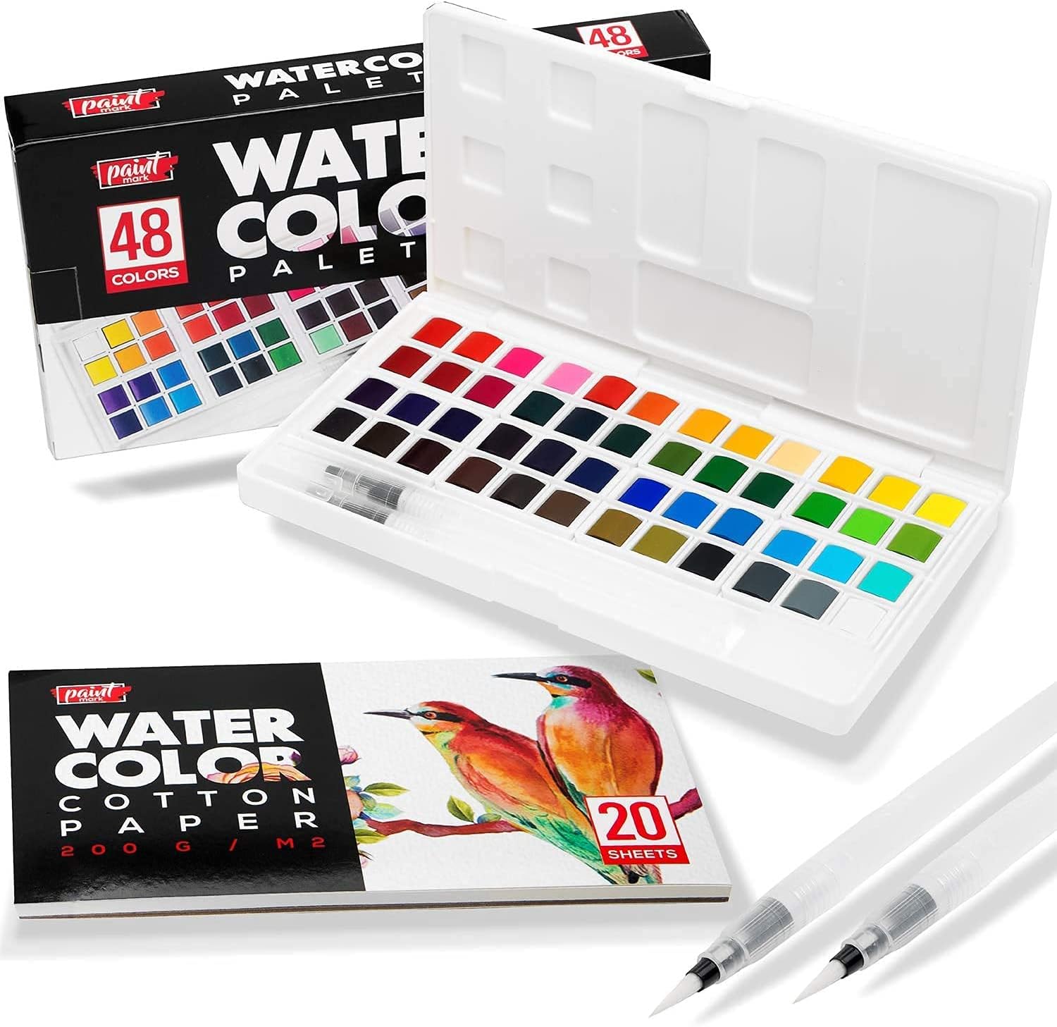 Paint Mark Forty-Eight Watercolor Paint Kit With 2 Blending Brush Pens, Water Color Paint Palette Including Twenty Sheets Water Color Paper & Storage Case