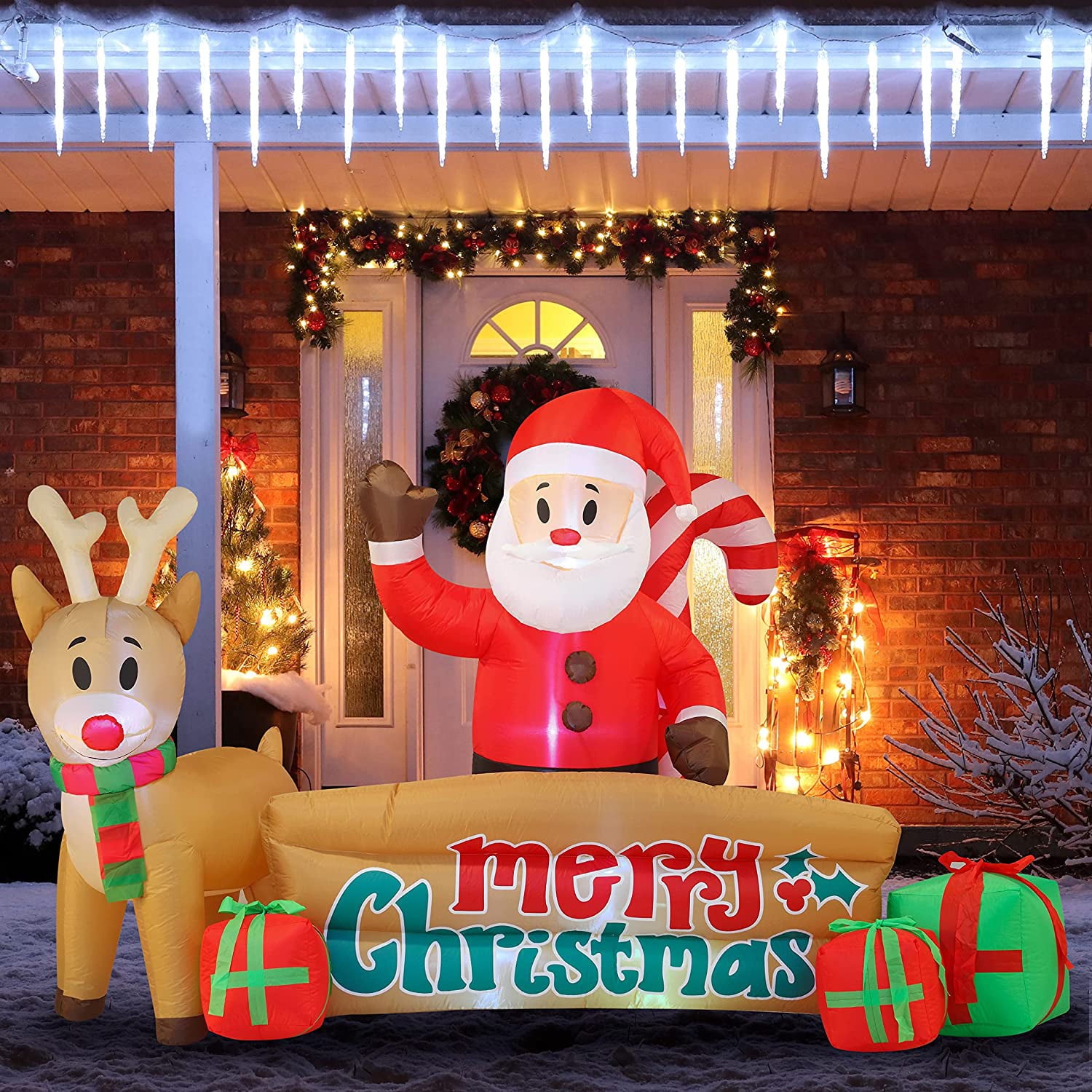 10 FT Long Christmas Inflatable Santa & Reindeer with Merry Christmas Sign, Christmas Inflatable Outdoor Decoration With Build-in LEDs for Xmas Party Indoor, Outdoor, Yard, Garden, Lawn Dcor
