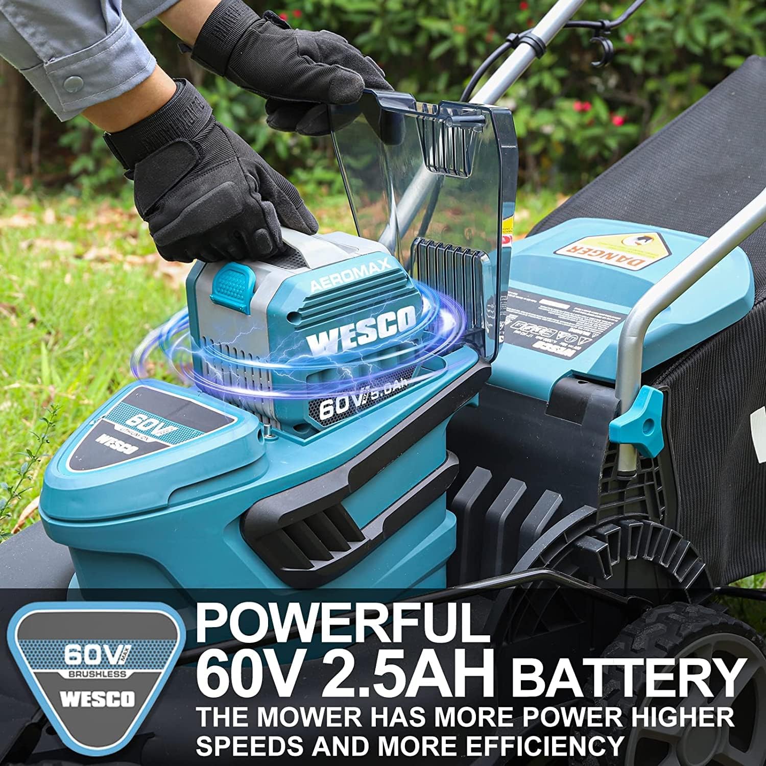 60V Cordless Lawn Mower, 2.5Ah Li-Ion Battery, 17-Inch Cutting Width 3-in-1 Mowing Mulching, 7-Stage Cutting Height Adjustment, Foldable Handle