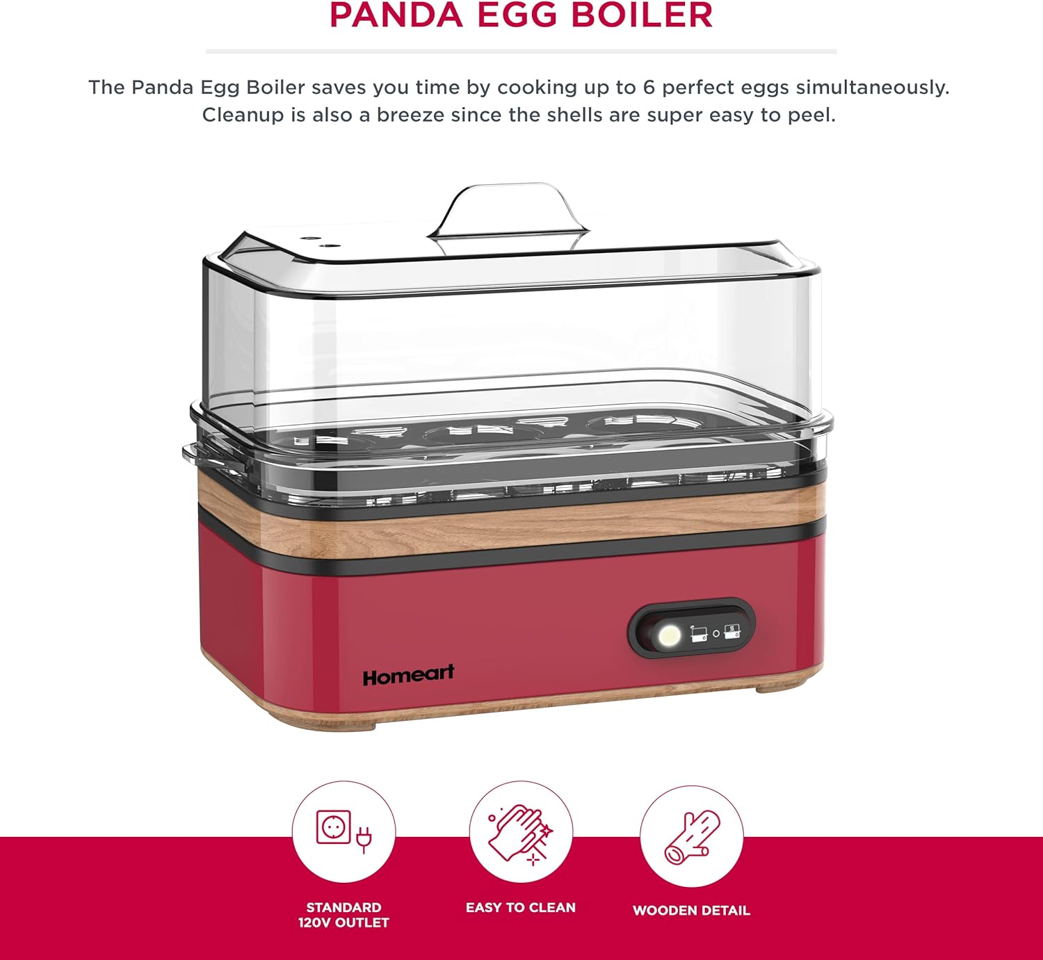 Homeart Panda Egg Boiler with Wooden Detail- Rapid Electric Hard Boiled Egg Cooker with Auto Shut-Off, Alarm and Egg Piercer, 6 Egg Capacity, Red, 400W