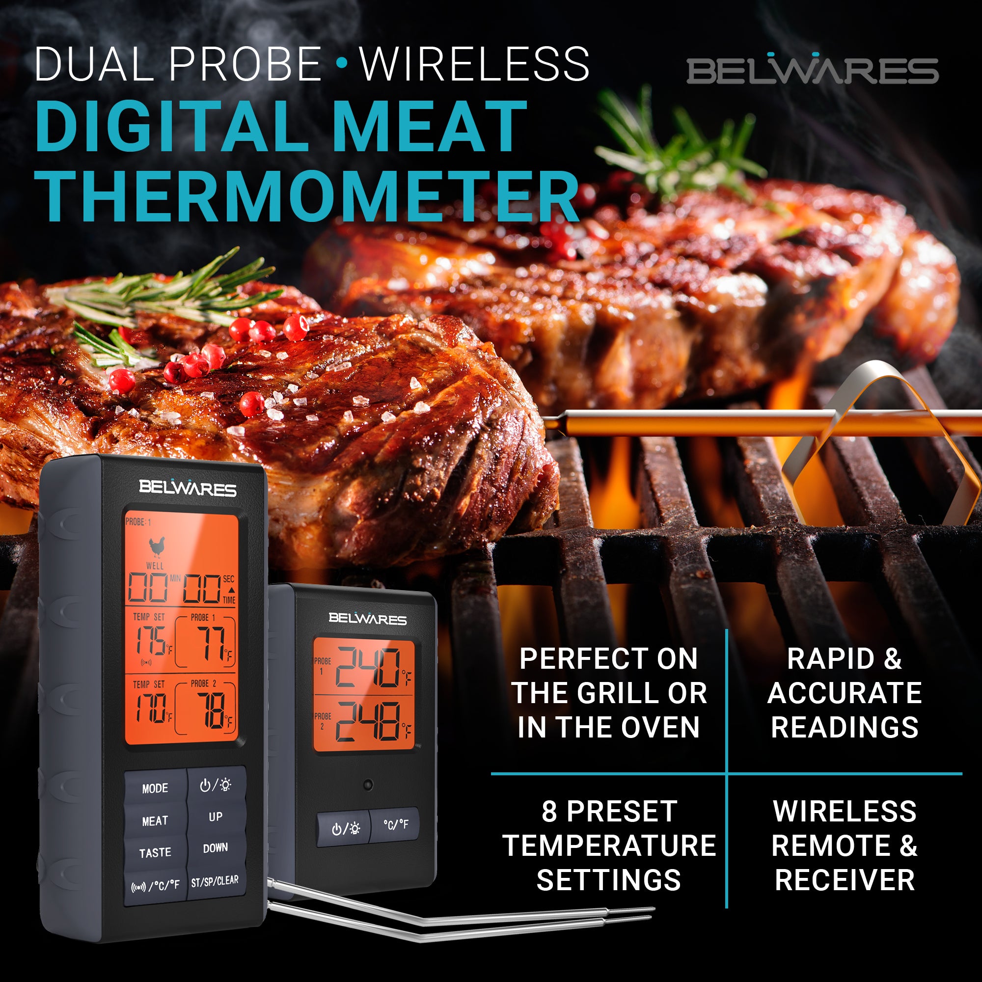 Meat Thermometer with LCD Screen for Grill with Dual Probes By Belwares