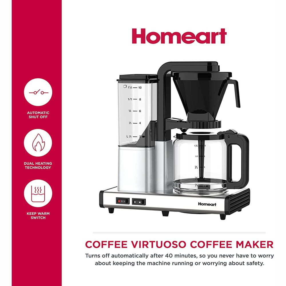 Homeart Coffee Virtuoso Gourmet Coffee Maker with Automatic Anti Drip, Auto Shut-Off & Removable Filter Holder, Makes 12 Cups - Chrome