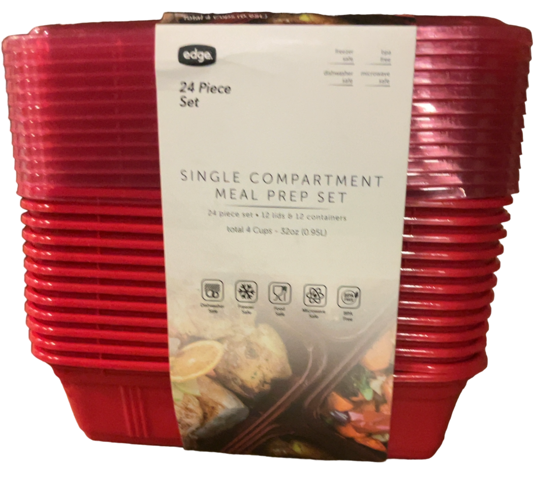 24 PC 1 Section Rectangle Meal Prep Containers (12 lids, 12 containers) Red, 32 oz