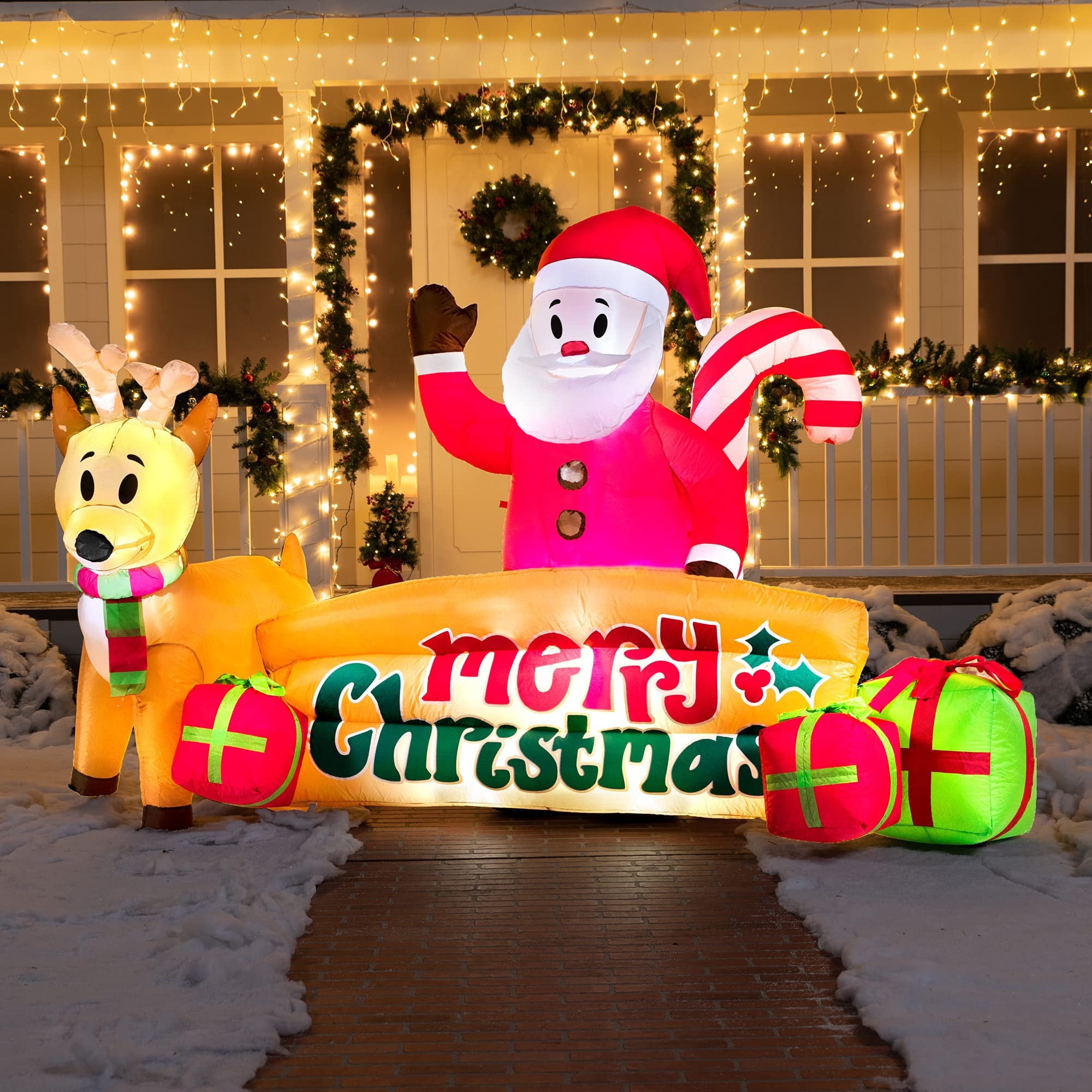 10 FT Long Christmas Inflatable Santa & Reindeer with Merry Christmas Sign, Christmas Inflatable Outdoor Decoration With Build-in LEDs for Xmas Party Indoor, Outdoor, Yard, Garden, Lawn Dcor