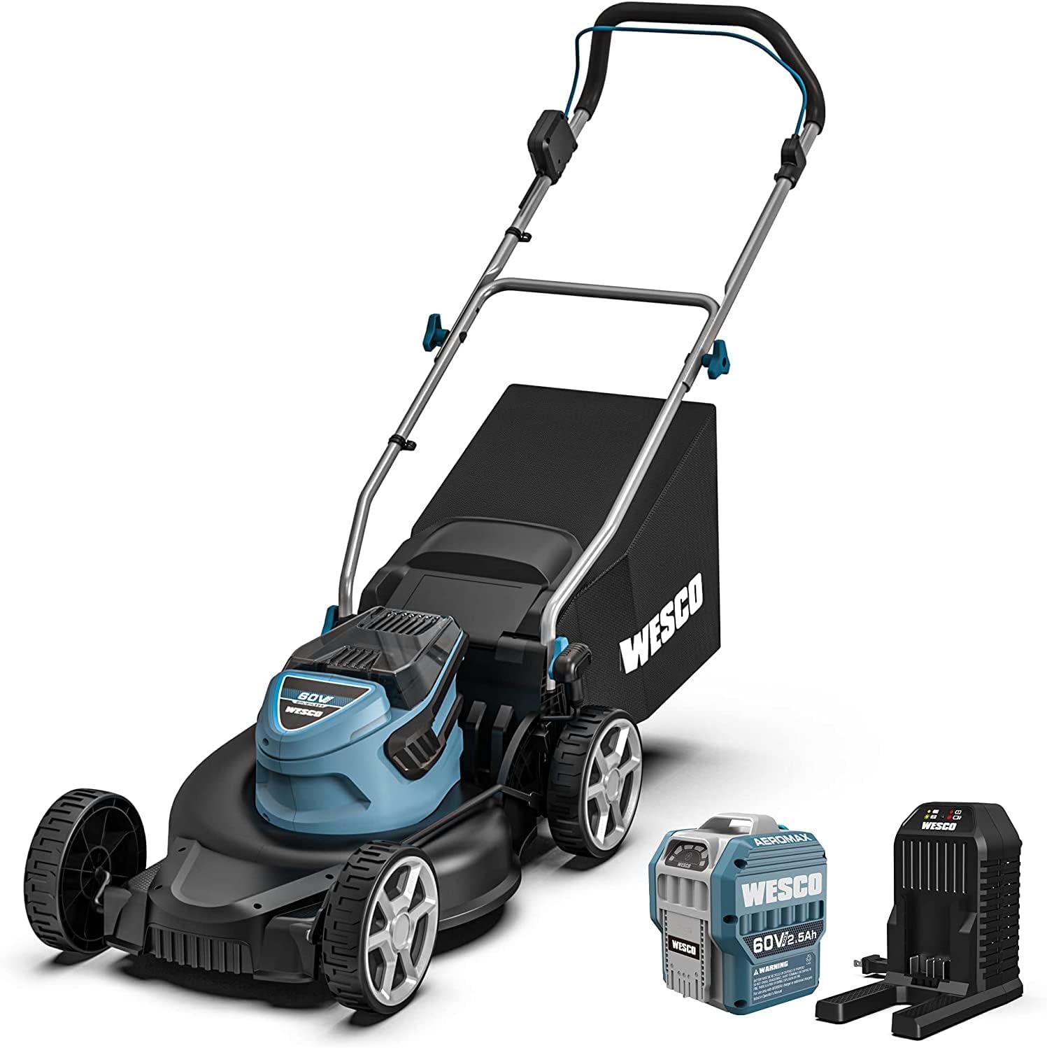 60V Cordless Lawn Mower, 2.5Ah Li-Ion Battery, 17-Inch Cutting Width 3-in-1 Mowing Mulching, 7-Stage Cutting Height Adjustment, Foldable Handle