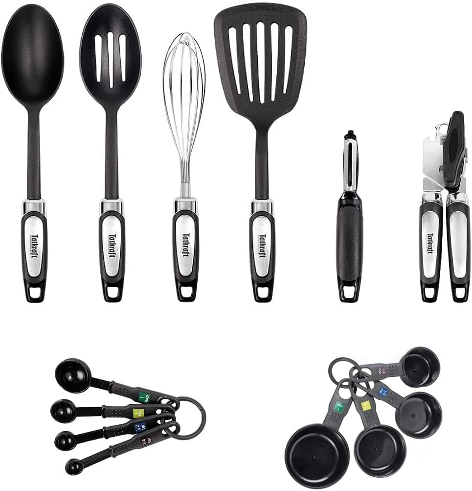Tatkraft Grip 14-Piece Cooking Utensils, Stainless Steel and Nylon Kitchen Utensil Set Includes Cooking Spoon, Slotted Spoon, Whisk, Slotted Turner, Peeler, Can Opener, Measuring Cups and Spoons Set