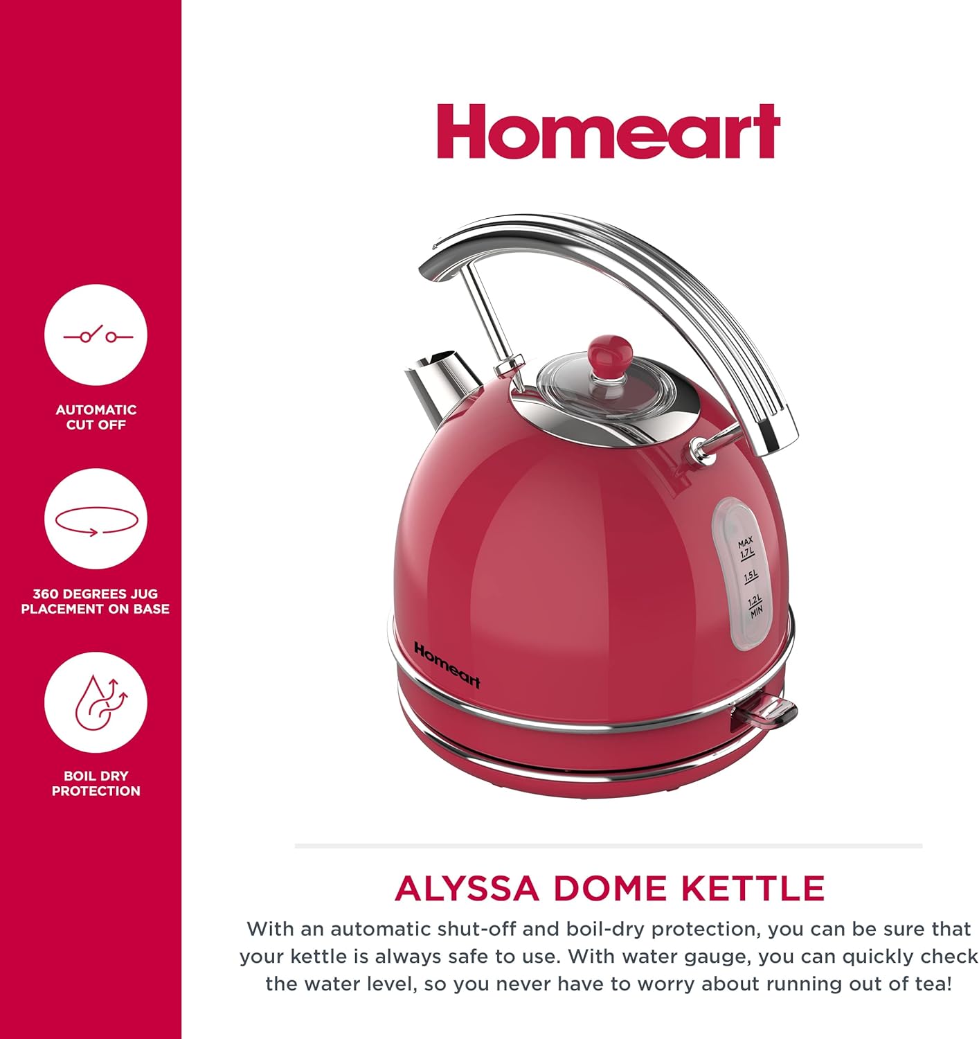 Homeart Alyssa Dome Retro Electric Cordless Kettle - Stainless Steel With Removable Filter, Fast Boiling and Auto Shut-off - 1.7L Capacity, Red