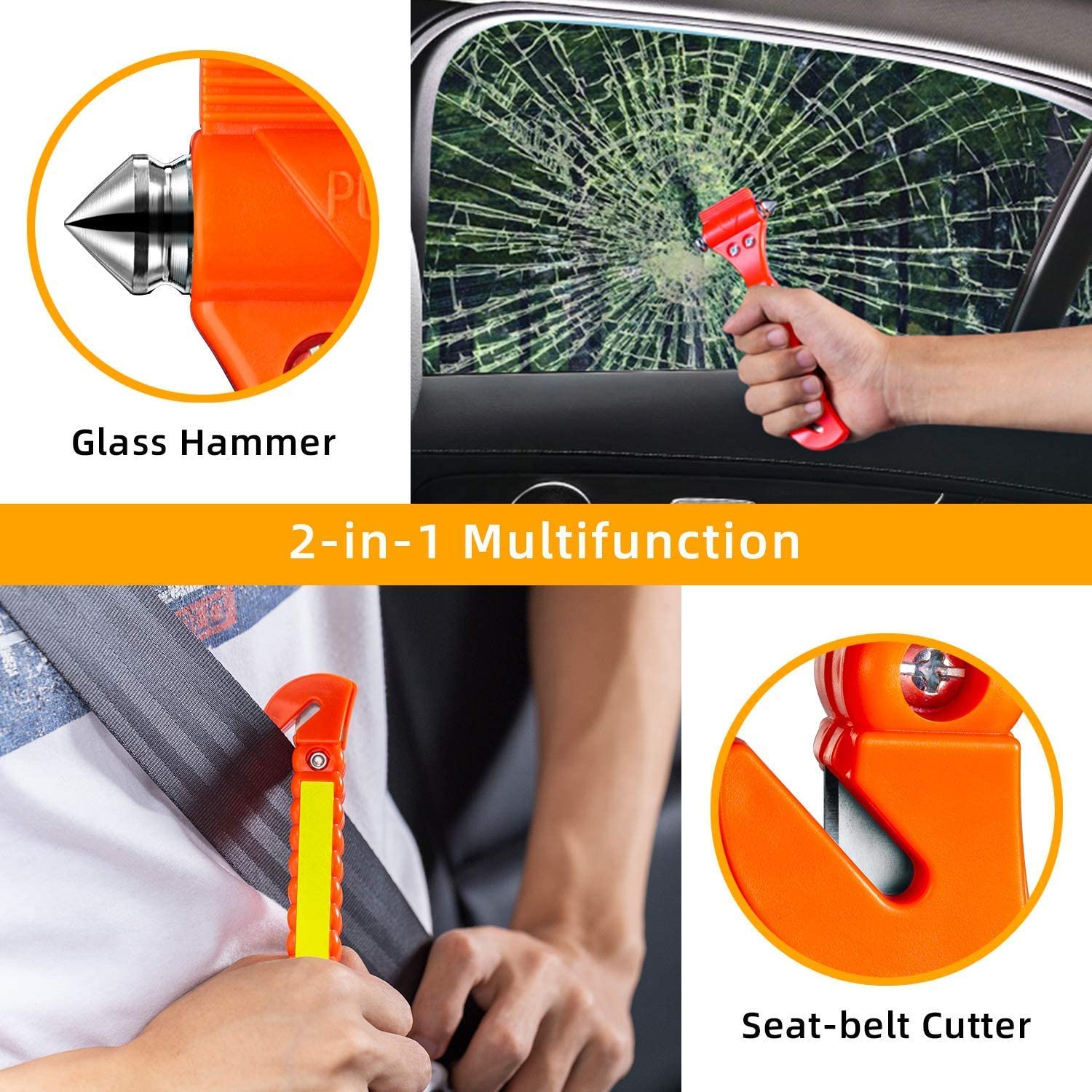 VT Tele FL Car Safety Hammer, Emergency Escape Tool with Car Window Breaker and Seat Belt Cutter, Premium Carbon Steel Life Saving Survival Kit, 2 Pack