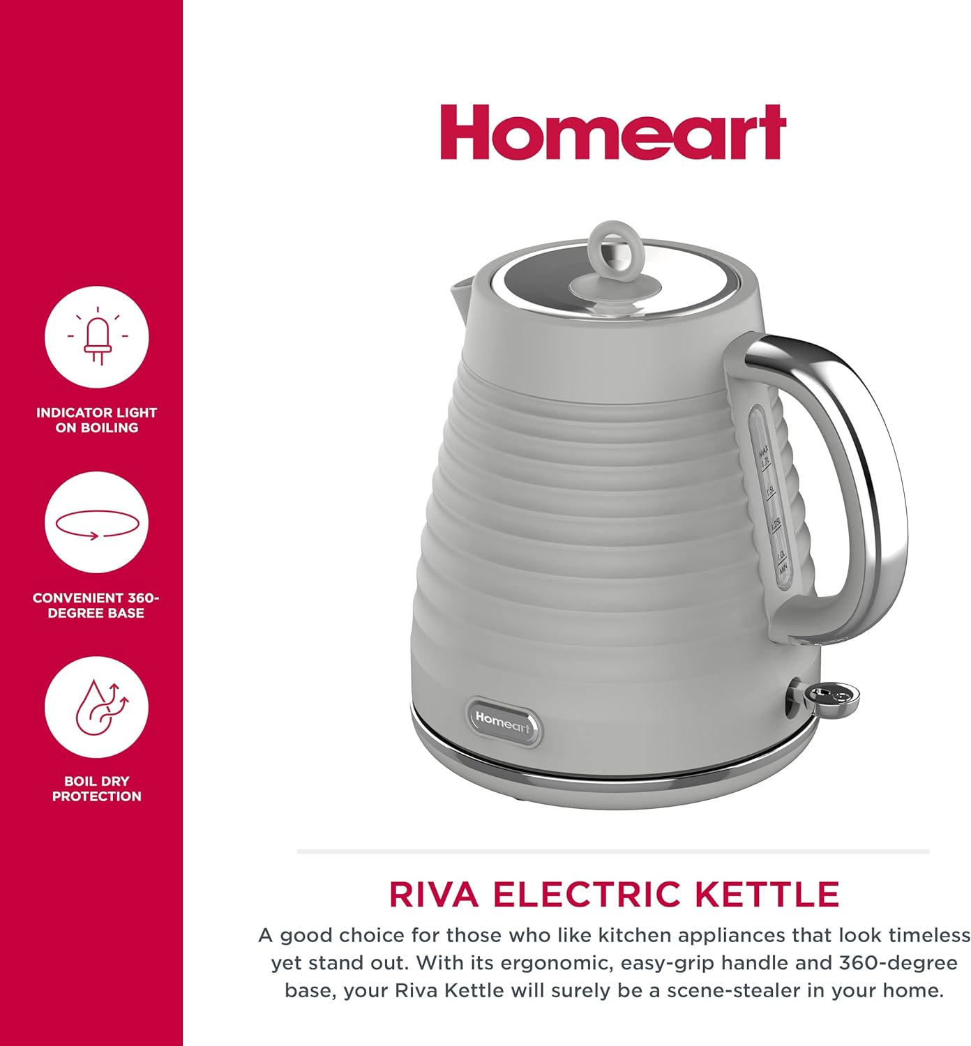 Homeart Riva 1.7L Electric Kettle with Removable Limescale Filter, Gray