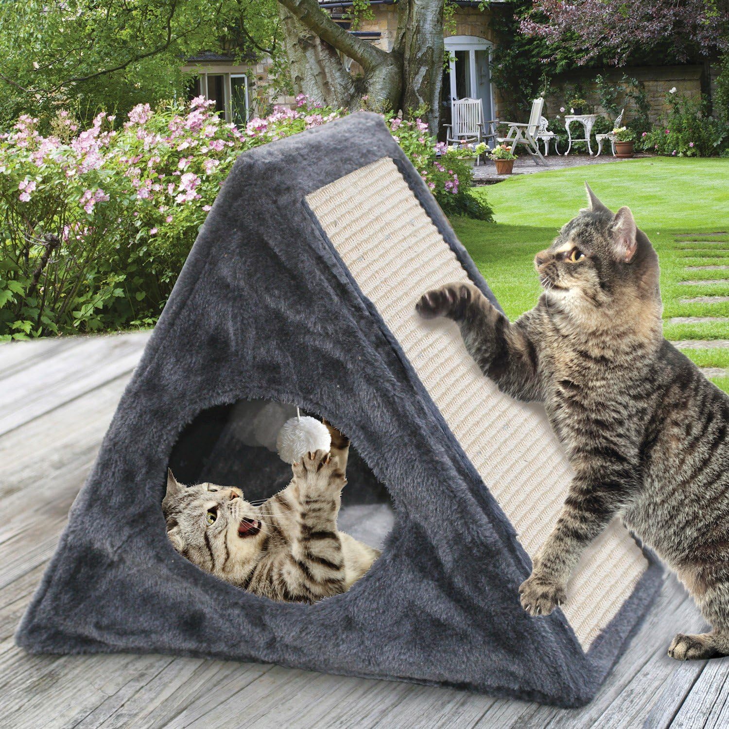 Etna Products Indoor/Outdoor Foldable Cat Condo - Collapsible Plush Built-in Scratch Pad & Toy