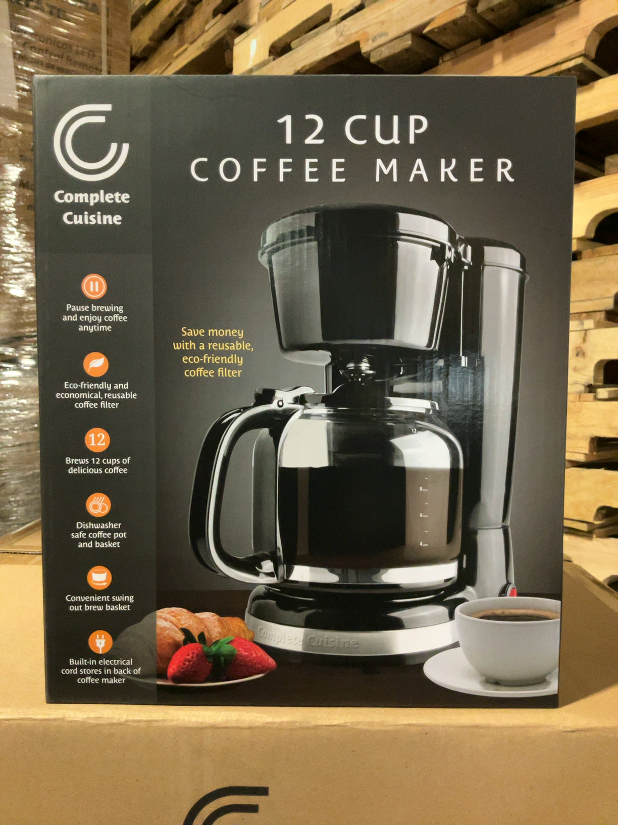 Complete Cuisine-12 Cup Coffee Maker With Reusable Filter, Black & Stainless Steel- ECO - Friendly Coffee Filter