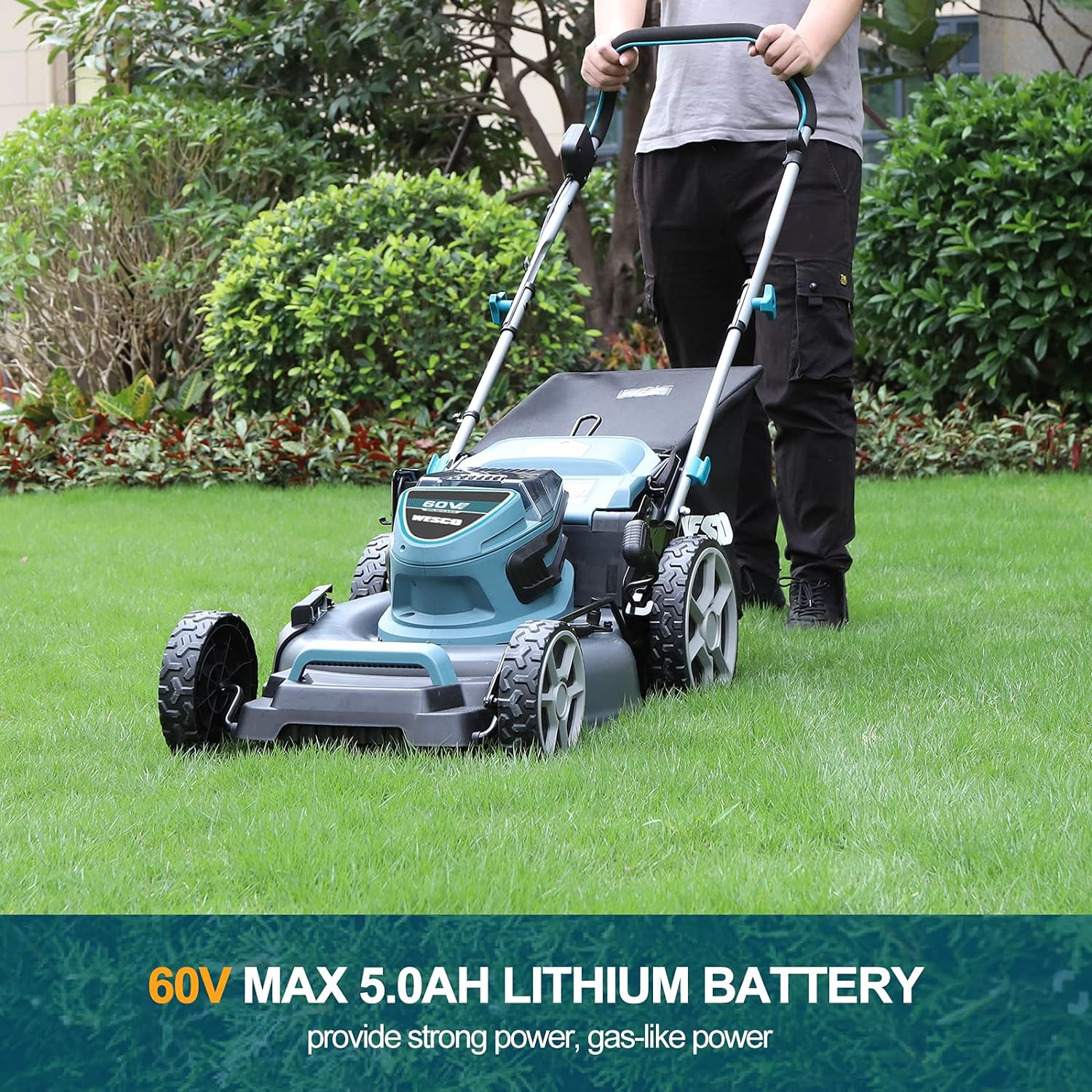 Cordless Lawn Mower, WESCO 60V Brushless Push Lawn Mower, 20-Inch3-in-1, 5.0Ah Battery and Charger Included, 7 Mowing Heights, 13.7 Gallon Grass Bag/WS8704U