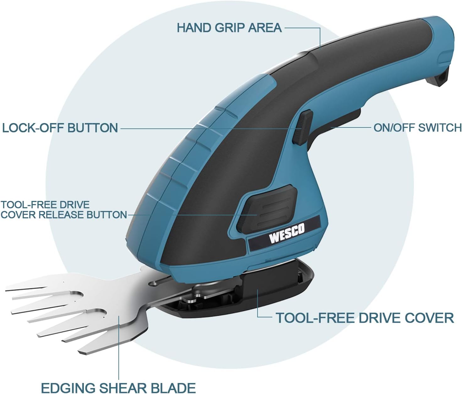 WESCO 7.2V Grass Shears Hedge Trimmer, 2-in-1 Handheld Shrub Trimmer with Rechargeable Lithium-ion Battery and Charger